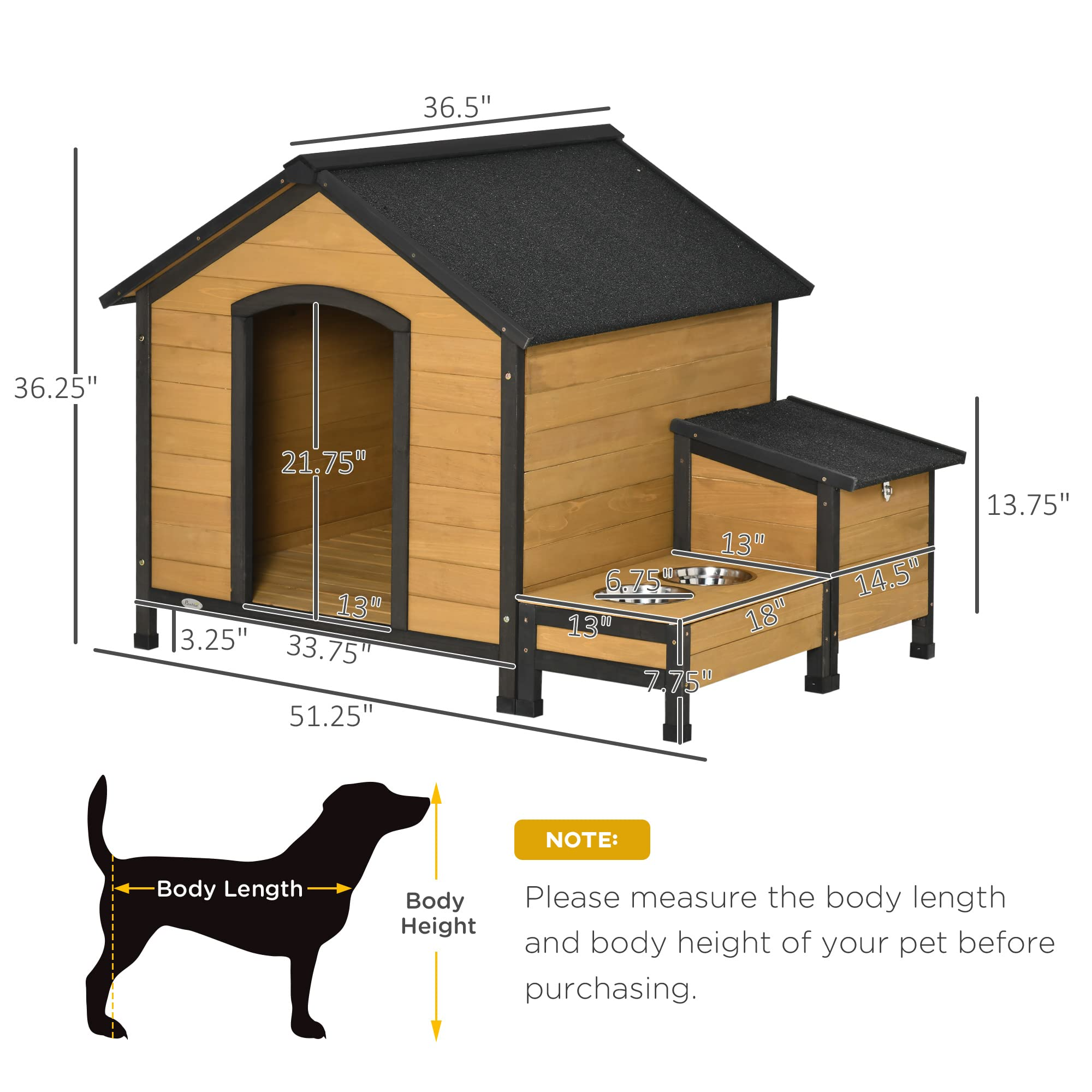 【Home&Garden】Wooden Outdoor Dog House, Cabin-Style Pet House with Feeding Bowls, Asphalt Roof