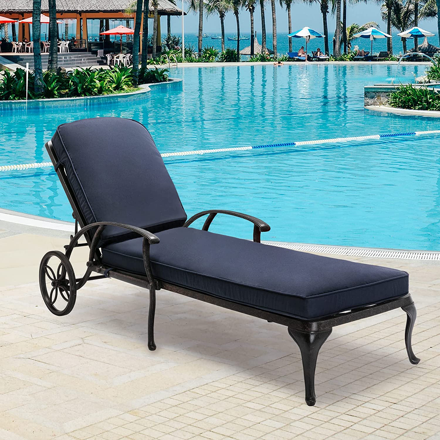 【Home&Garden】Chaise Lounge Outdoor Chair with Cushions, Aluminum Pool Side Sun Lounges with Wheels