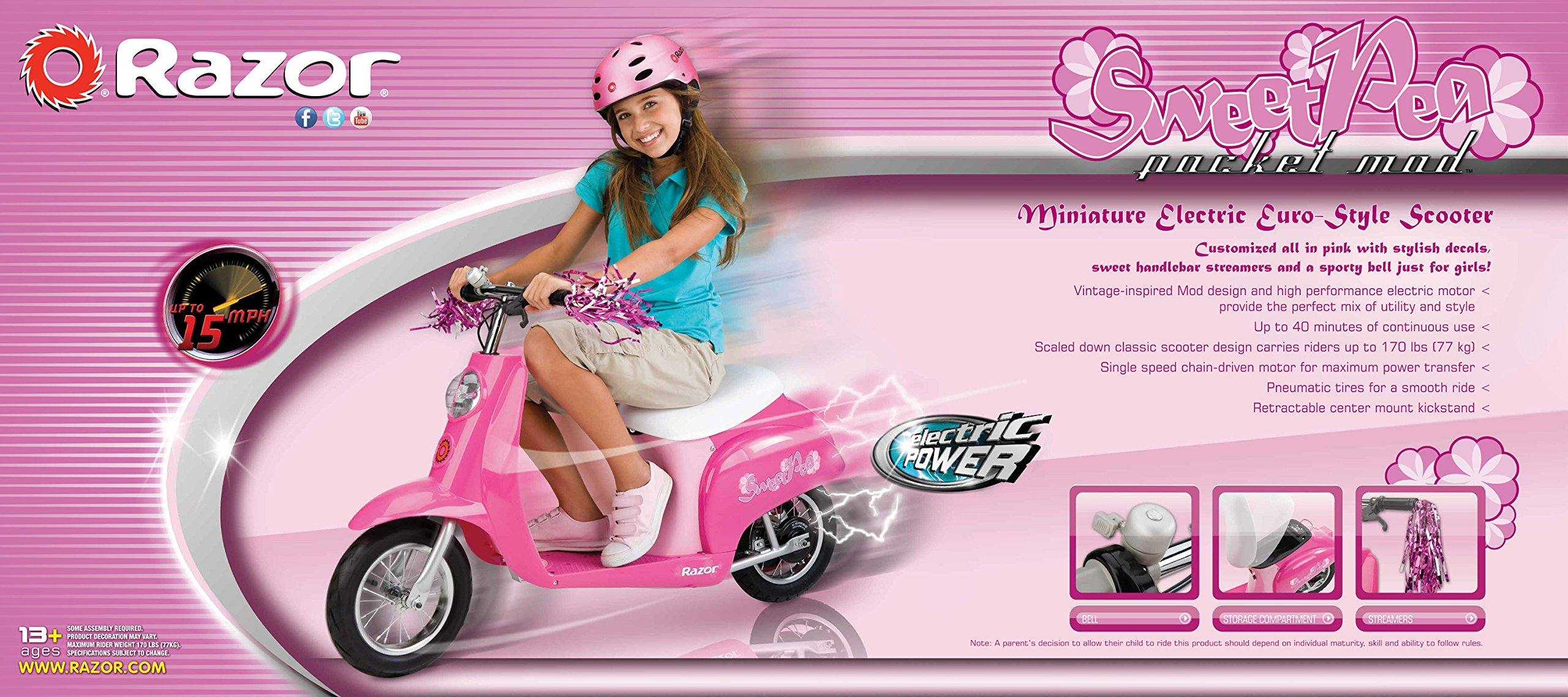 【Sports&Outdoors】Miniature Euro 24V Electric Kids Ride On Retro Scooter, Speeds up to 15 MPH with 10 Mile Range