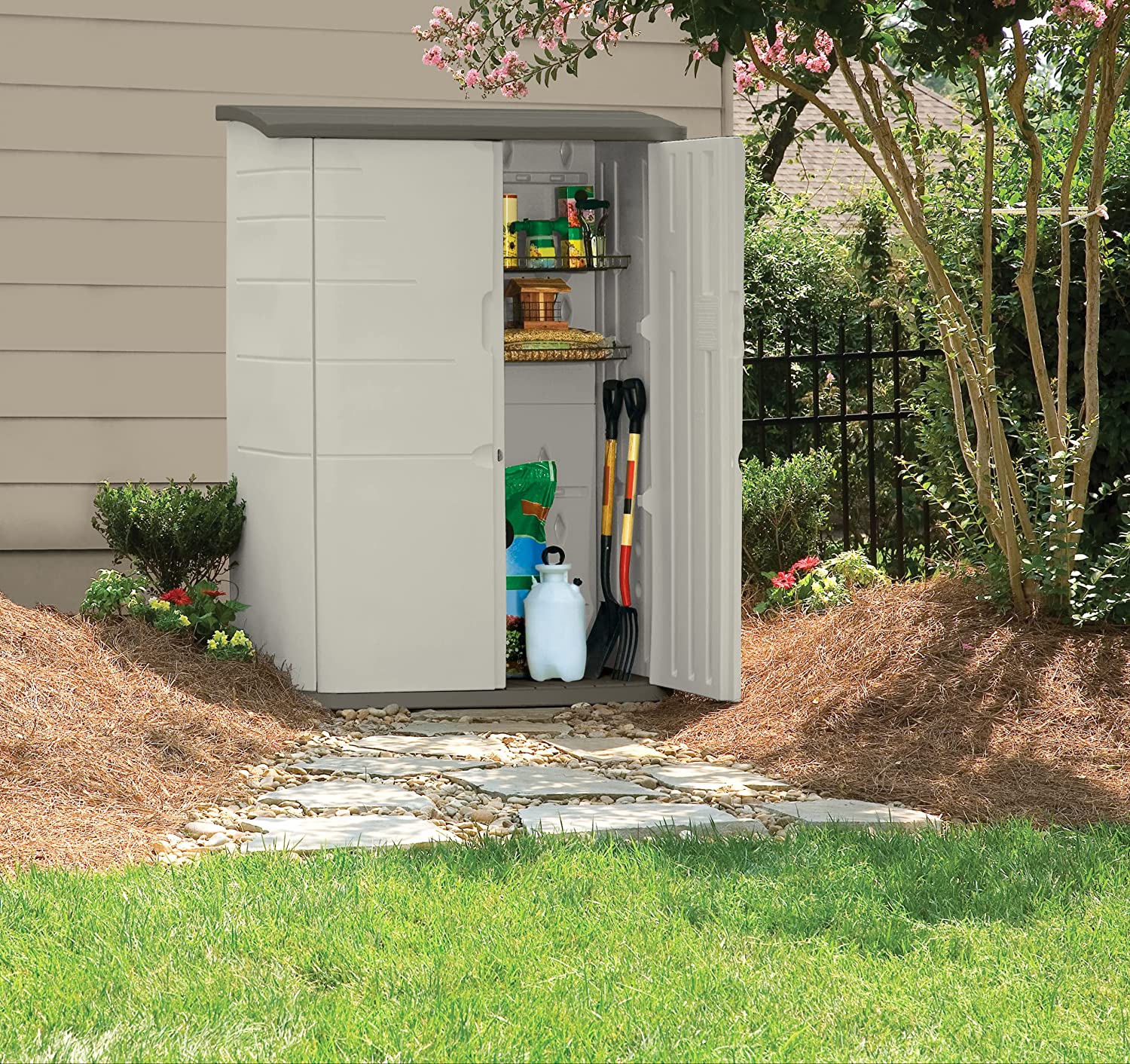 Rubbermaid Large Vertical Resin Outdoor Storage Shed With Floor (6.2 x 4.6 Ft), Weather Resistant, Beige/Brown, Organization for Home/Backyard/Garden Tools/Lawn Mower/Bike Storage/Pool Supplies