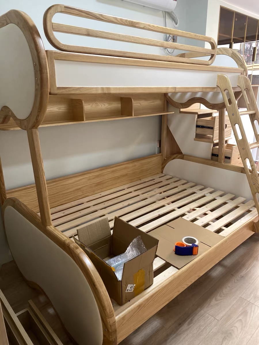 YouSheng all solid wood high and low bed under the mother bed white waxed wood upholstered beds
