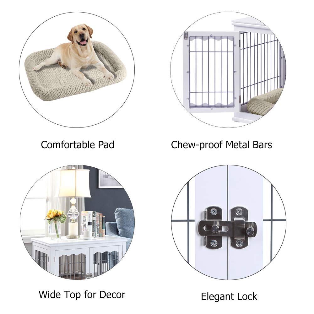 【Pet】Furniture Style Dog Crate End Table with Cushion, Wooden Wire Pet Kennels with Double Doors
