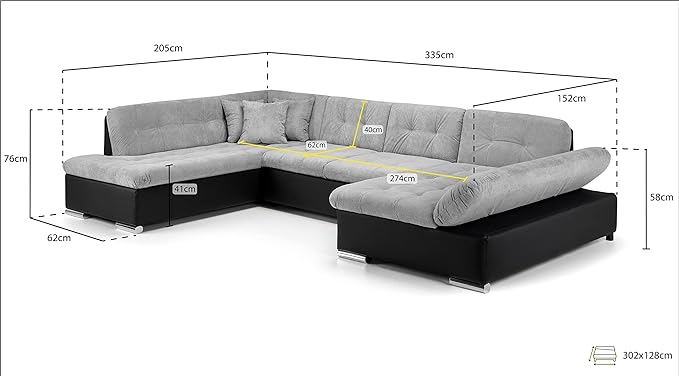 Honeypot Sofa Bed - Bergen Corner Sofabed with Storage - Black Grey Fabric Pull Out Double Sofa Bed U Shaped Couch | Set Up Included | Made in EU | Built to Last (Black/Grey, Left Hand Facing Corner)