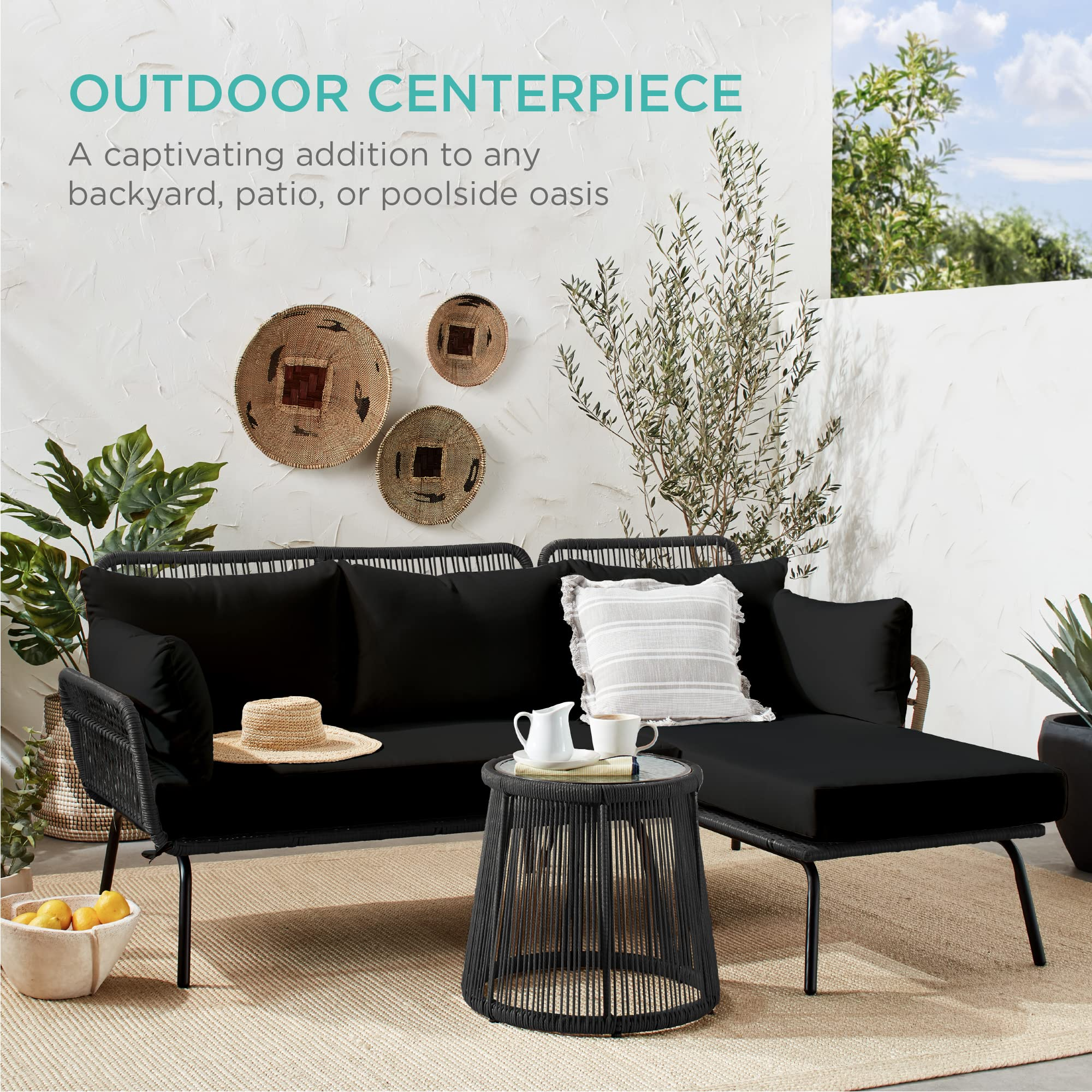 【Furniture】Outdoor Rope Woven Sectional Furniture L-Shaped Sofa Set w/Thick Cushions, Lounger, Side Table