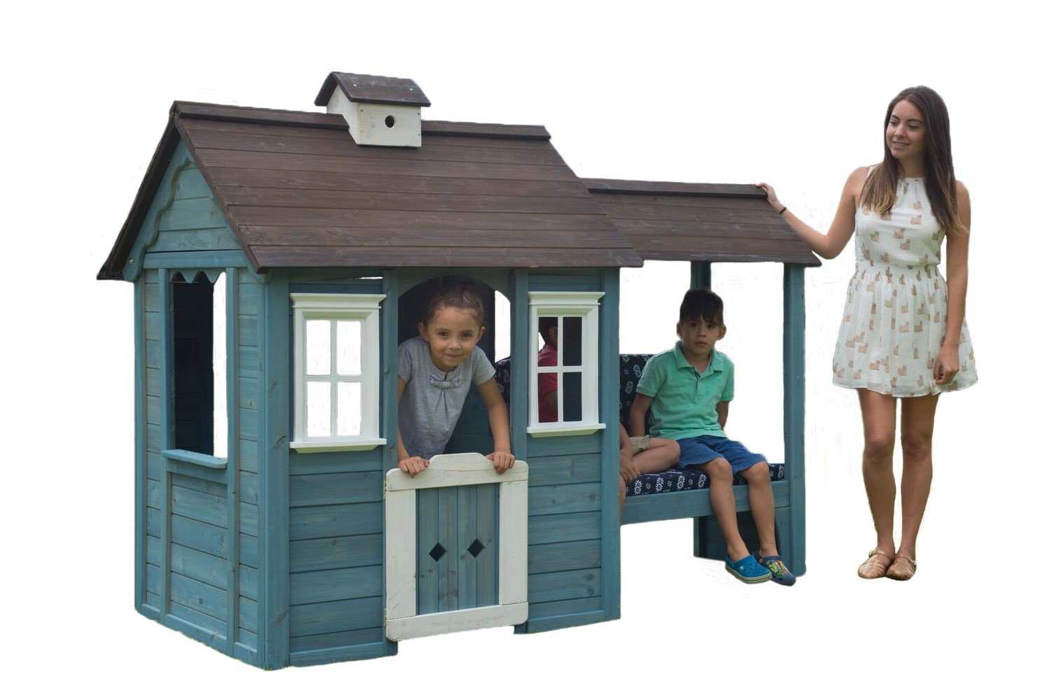 【Sports&Outdoors】Wooden Outdoor Playhouse with Bench, Blue, 83.6