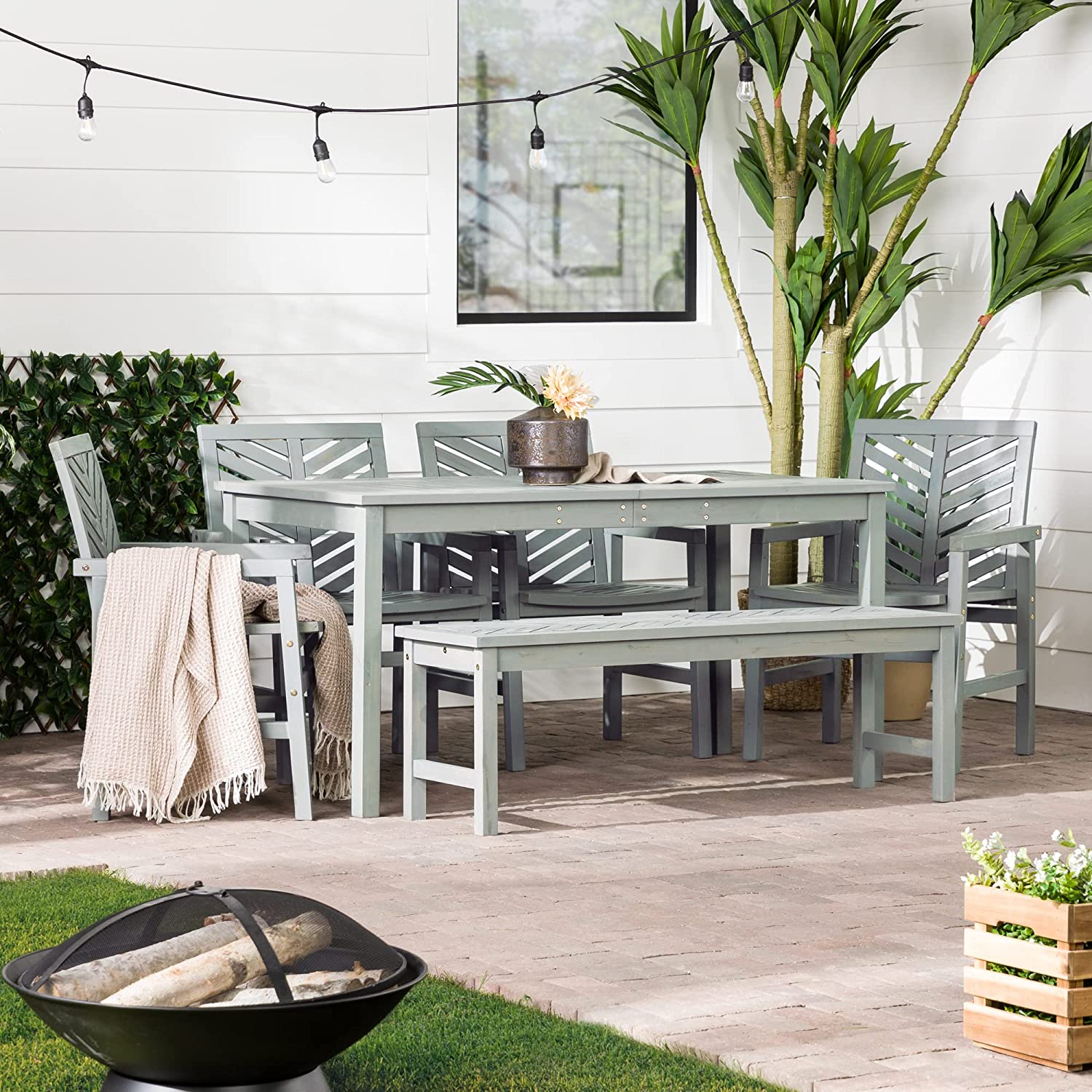 【Furniture】7 Person Outdoor Wood Chevron Patio Furniture Dining Set Table Chairs Bench