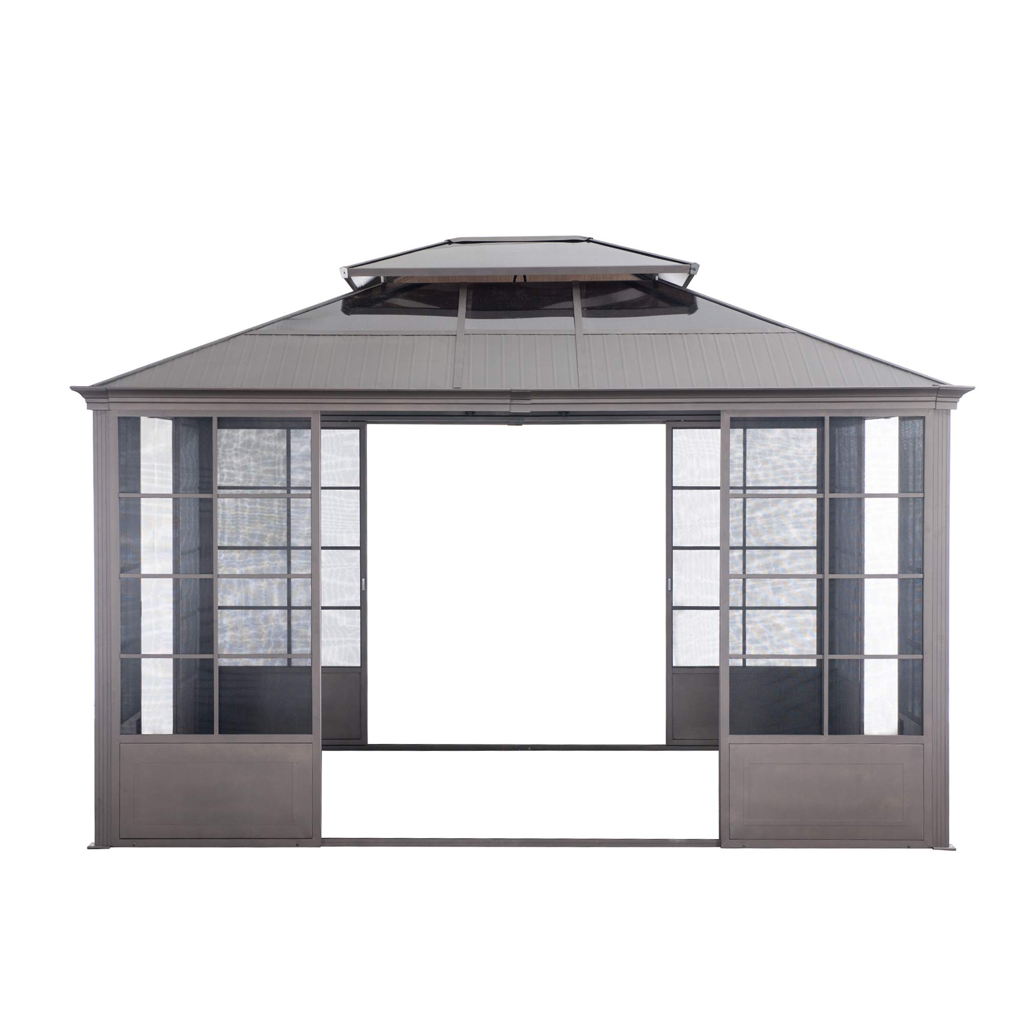 【Home&Garden】Outdoor Sunroom 12x14 ft. Steel Screenhouse with 2-Tier Hardtop Hot Tub Gazebo, Brown