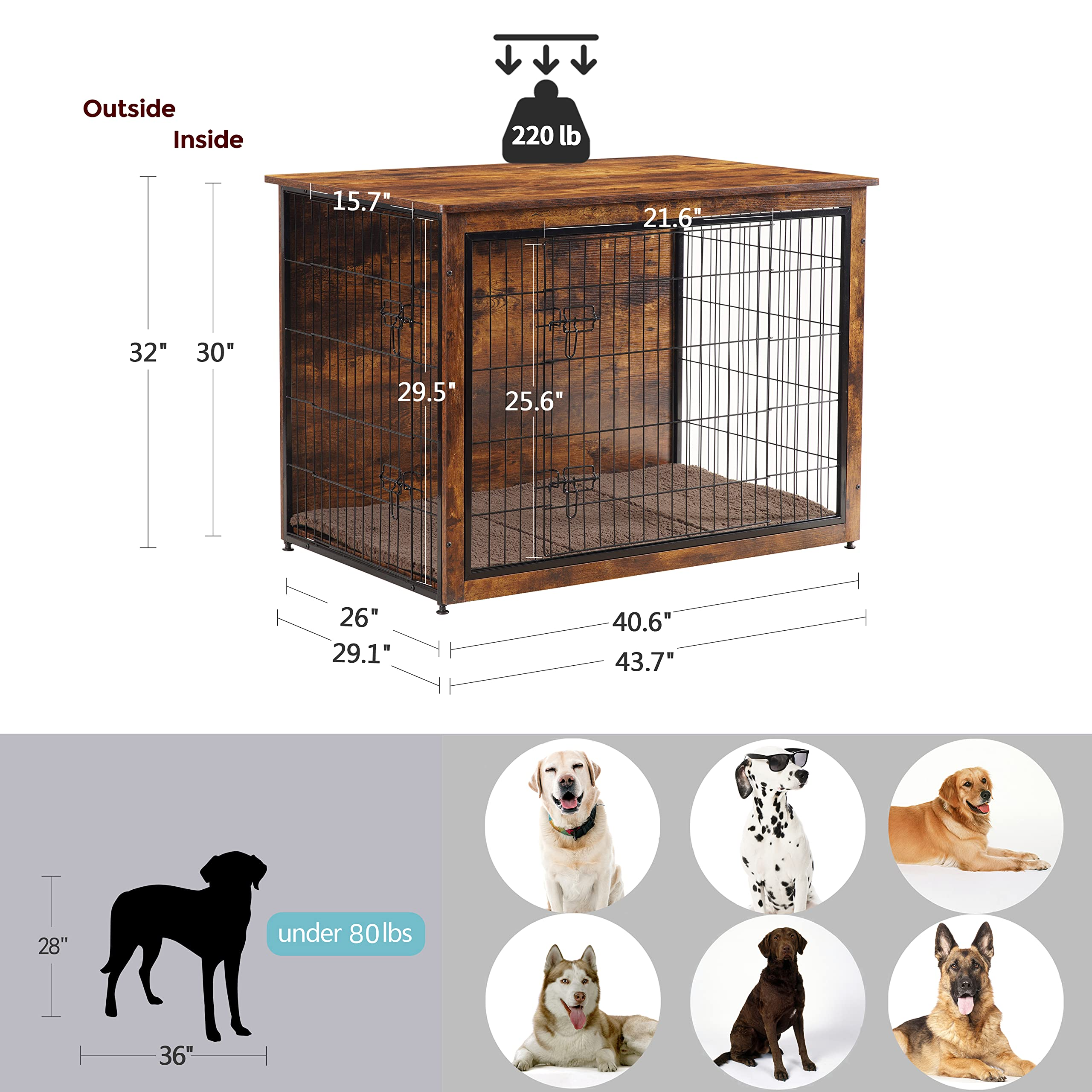 【Home&Garden】Dog Crate Furniture with Cushion, XL Wooden Dog Crate with Double Doors, Dog Furniture