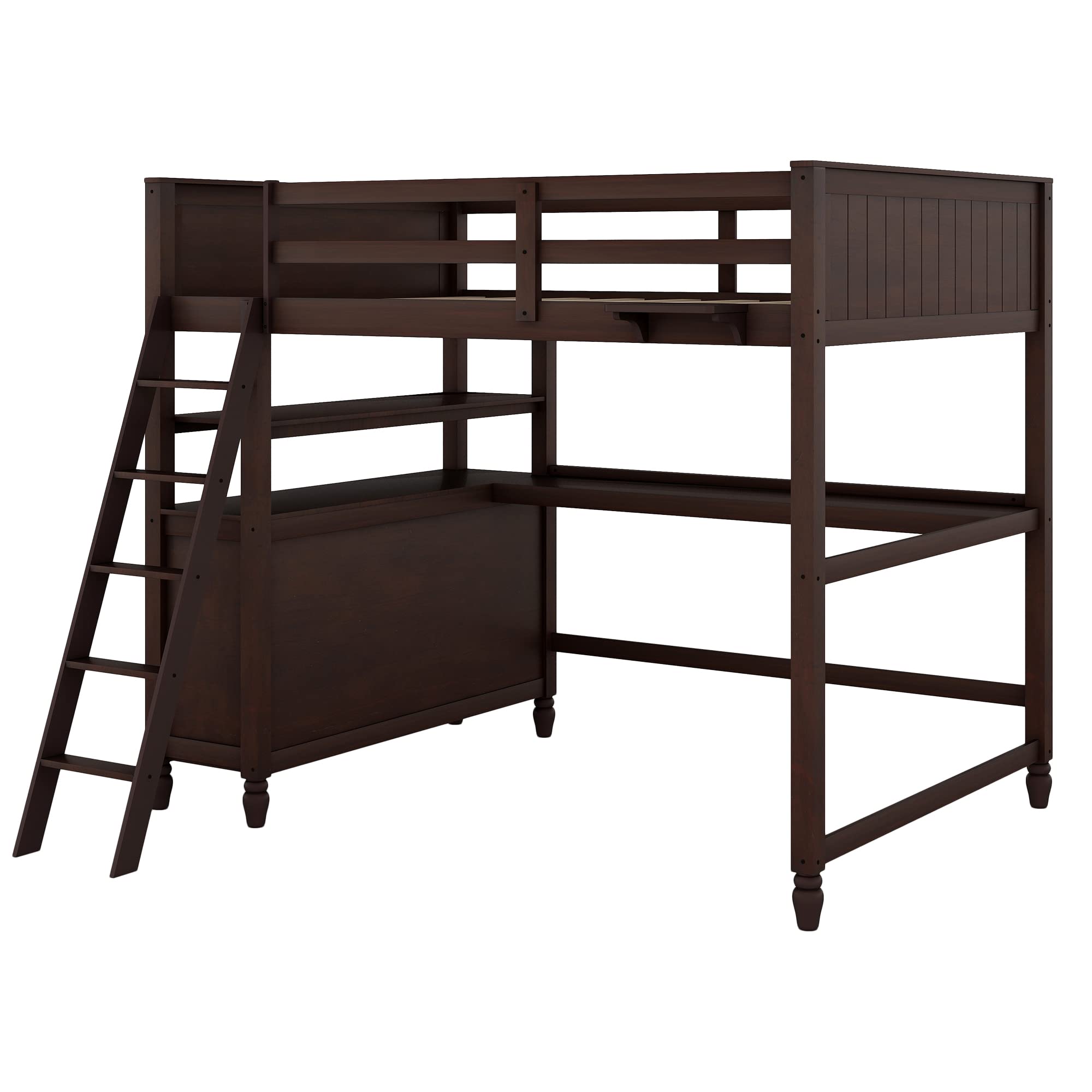 【Furniture】Full Size Loft Bed, Full Loft Bed with Desk, Wood Loft Bed Frame with Drawers & Shelves
