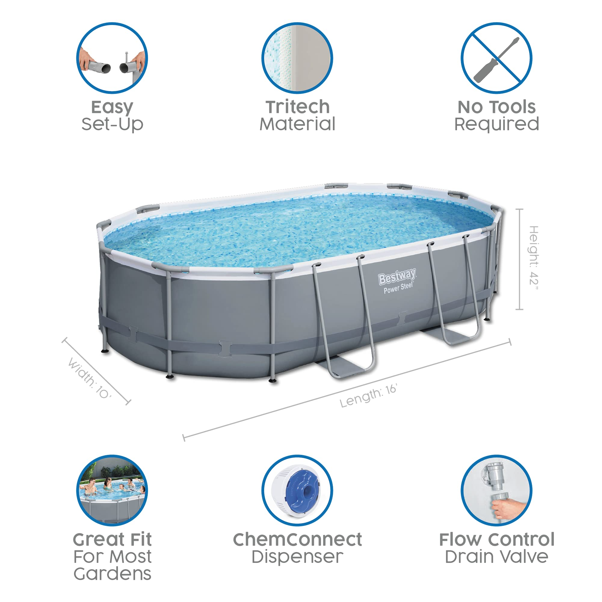 【Sports&Outdoors】【BS】Power Steel Above Ground Pool, Garden Swimmin Pool Set, Grey, 16 ft