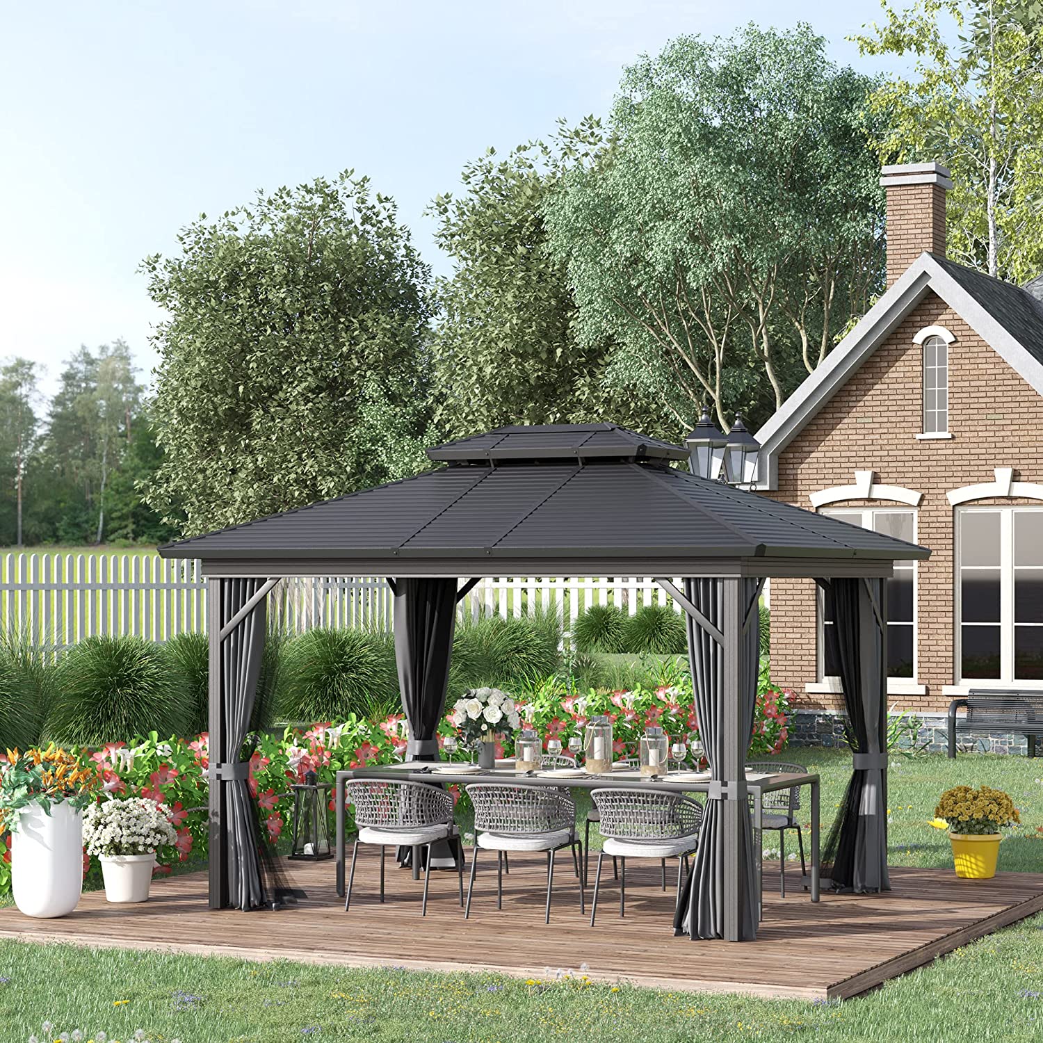【Gazebo】10x10 Hardtop Gazebo with Aluminum Frame, Permanent Metal Roof Gazebo Canopy w/ Curtains & Netting