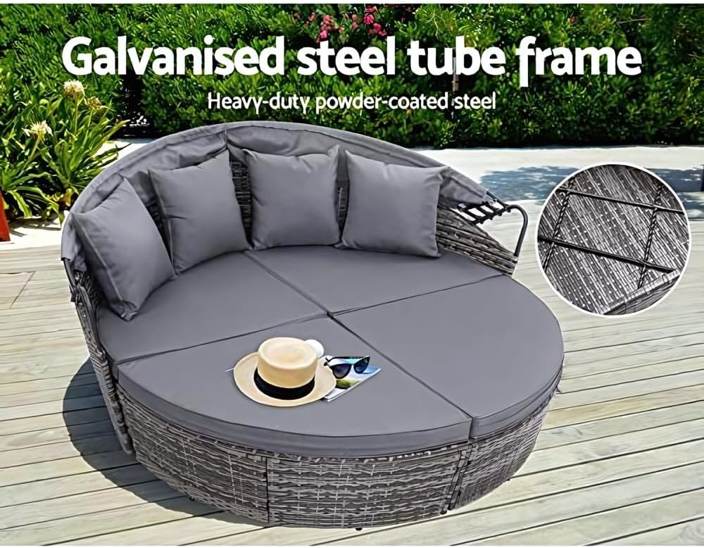 EVRE Bali Mixed Grey 3 Piece Modular Round Rattan Wicker Patio Garden Furniture Daybed Sun Lounger Set with Extendable Canopy and Conversation Seat Cushions
