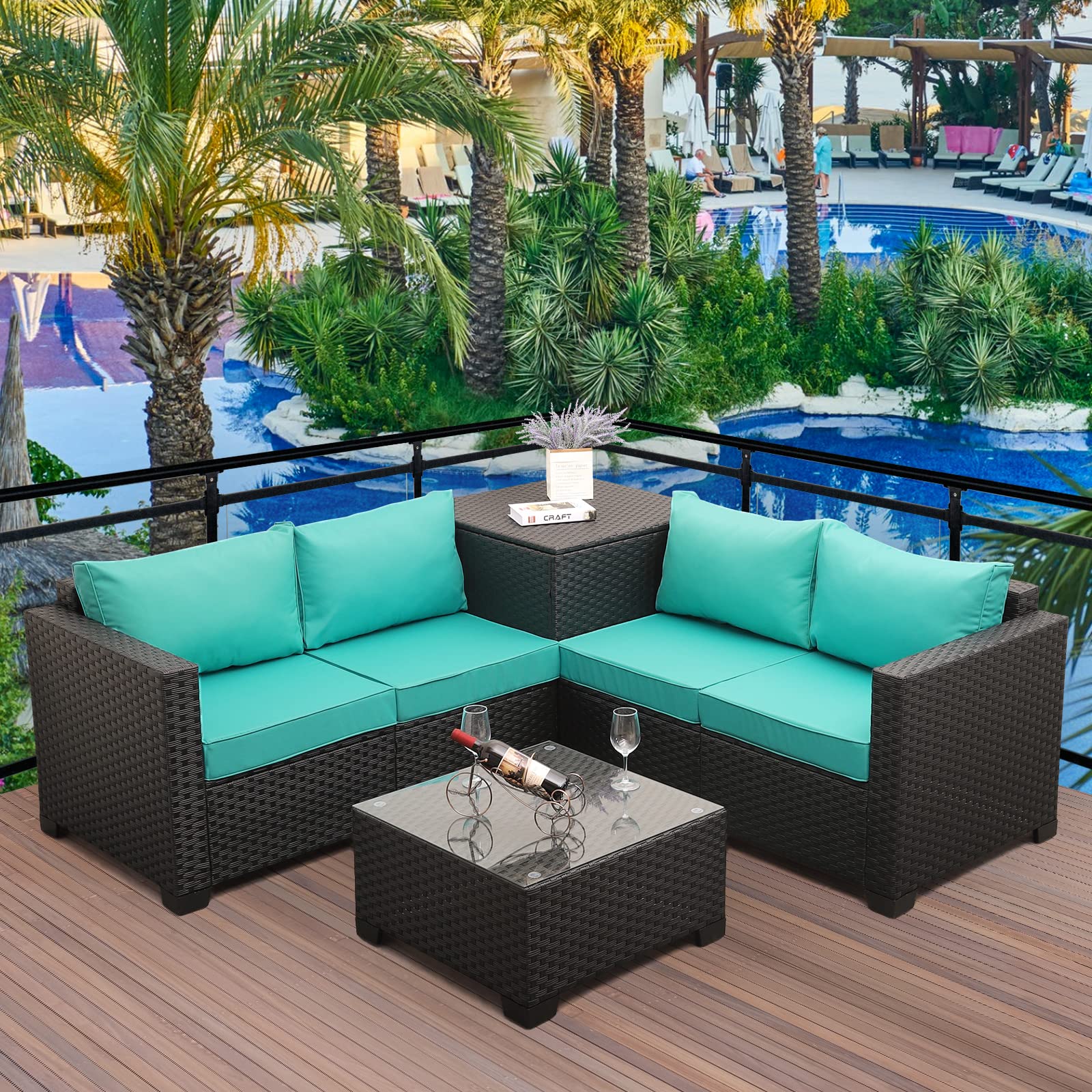 【Furniture】Outdoor PE Wicker Furniture Set 4 Piece Patio Black Rattan Sectional Loveseat Couch Set Conversation Sofa