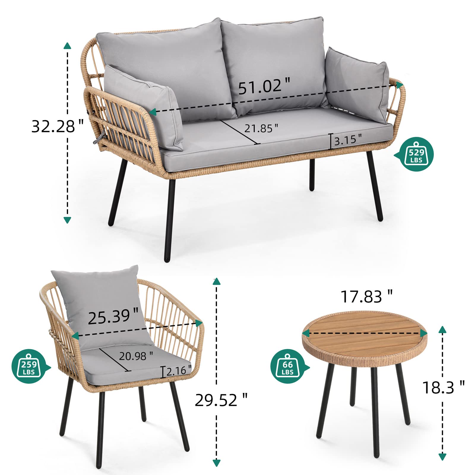 【Furniture】4 Pieces Patio Furniture Set, Wicker Balcony Bistro Set, Outdoor All-Weather Rattan Conversation Set