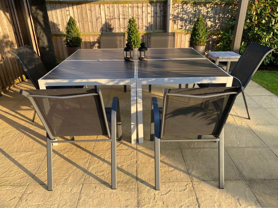 【Home&Garden】Grey Aluminium Textoline Stackable Garden Chairs - Comes with tables and Chairs