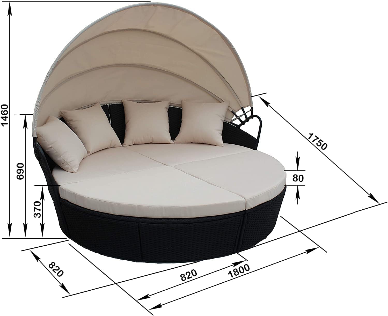 EVRE Bali Mixed Grey 3 Piece Modular Round Rattan Wicker Patio Garden Furniture Daybed Sun Lounger Set with Extendable Canopy and Conversation Seat Cushions