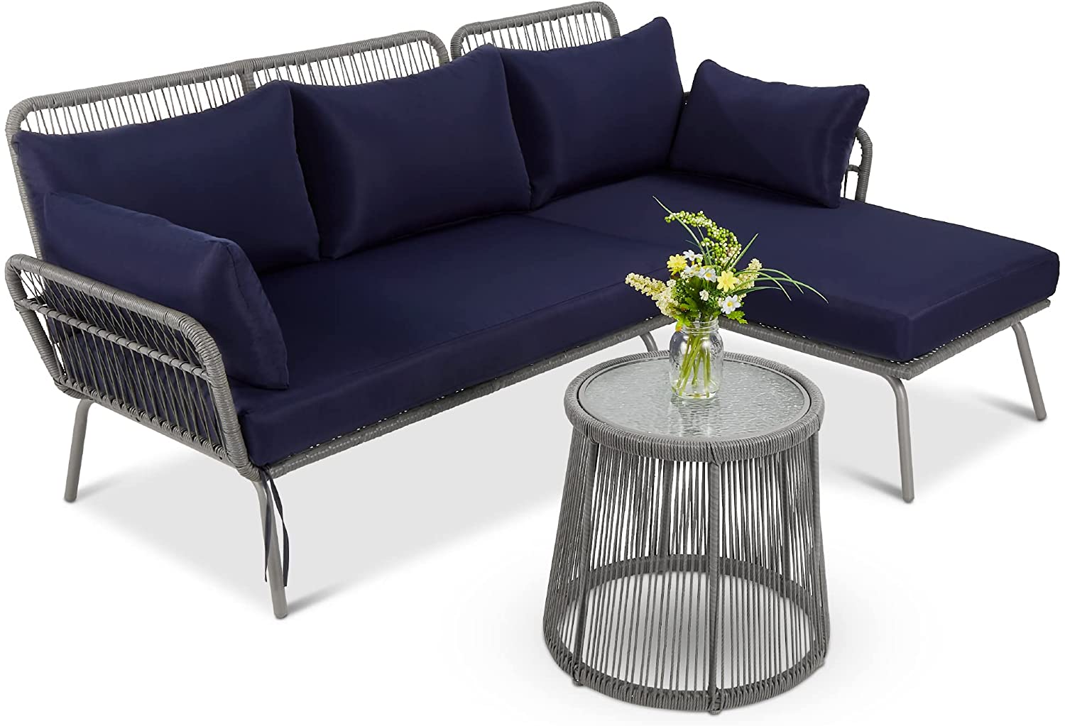 【Furniture】Outdoor Rope Woven Sectional Furniture L-Shaped Sofa Set w/Thick Cushions, Lounger, Side Table