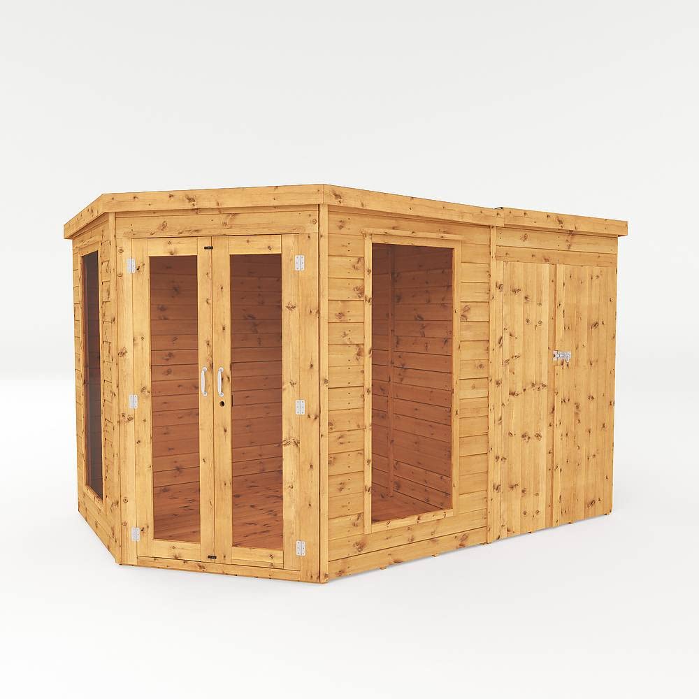 【Home&Garden】Wooden Corner Summerhouse with Side Shed 11x7 Outdoor Garden Storage Garden Room Sunroom