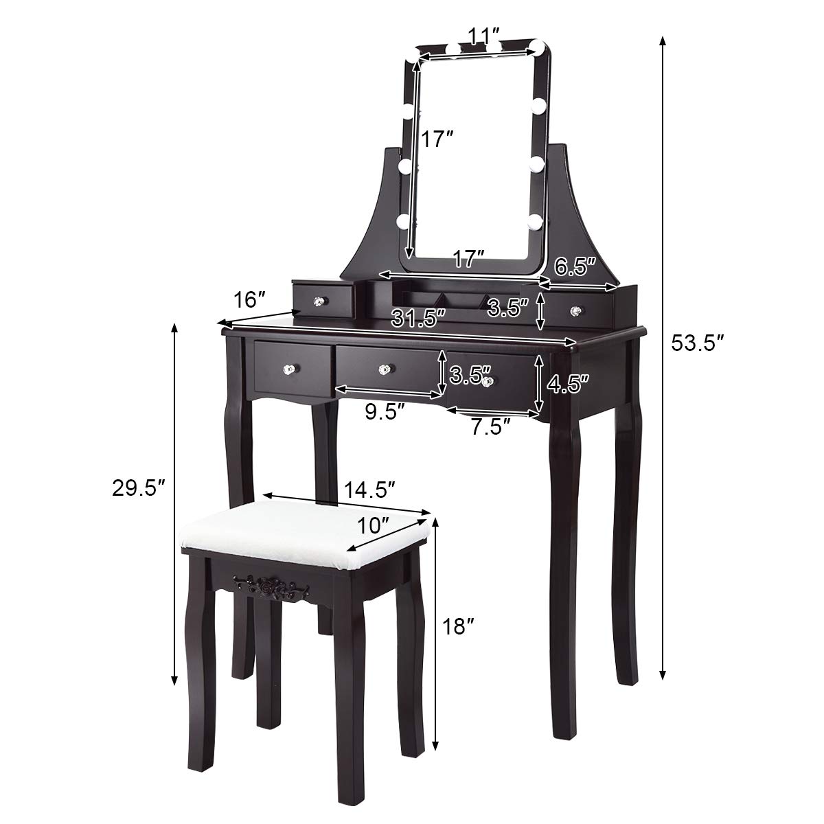 【Furniture】Vanity Set with Lighted Mirror, 10 Dimmable Light Bulbs Vanity 5 Drawer