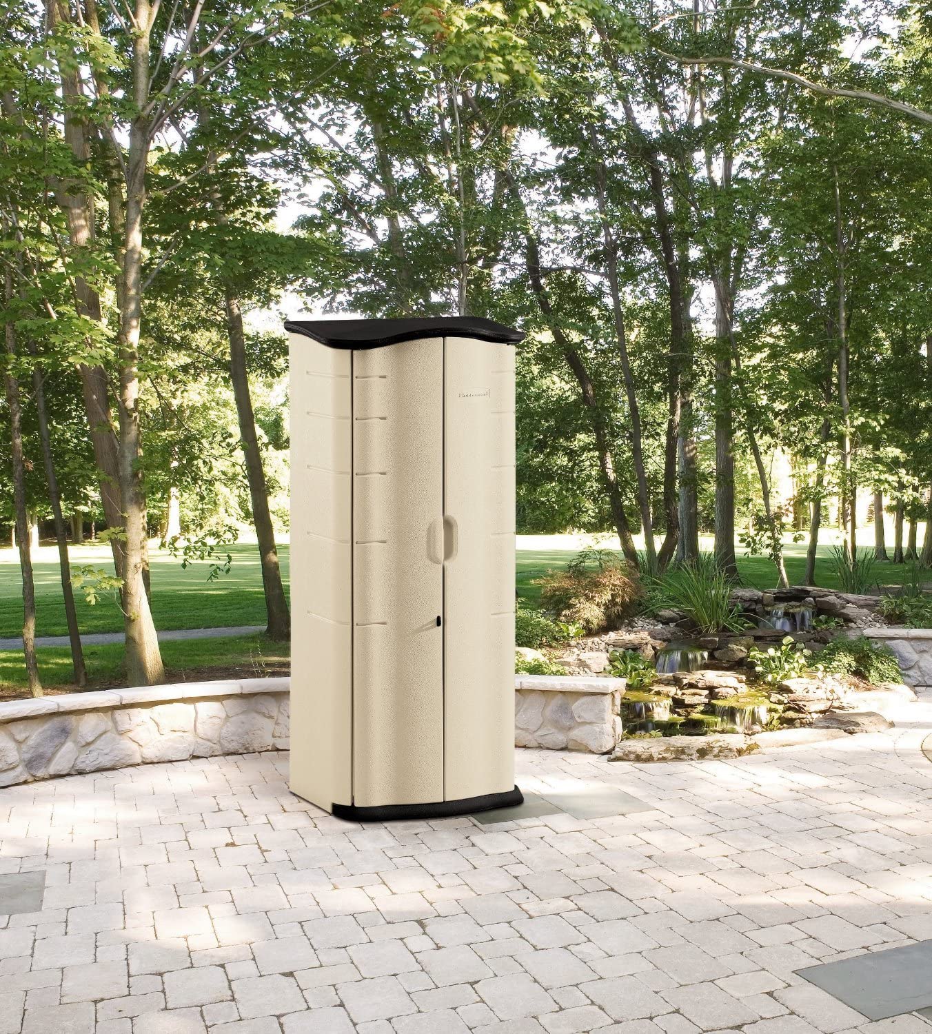 Rubbermaid Large Vertical Resin Outdoor Storage Shed With Floor (6.2 x 4.6 Ft), Weather Resistant, Beige/Brown, Organization for Home/Backyard/Garden Tools/Lawn Mower/Bike Storage/Pool Supplies