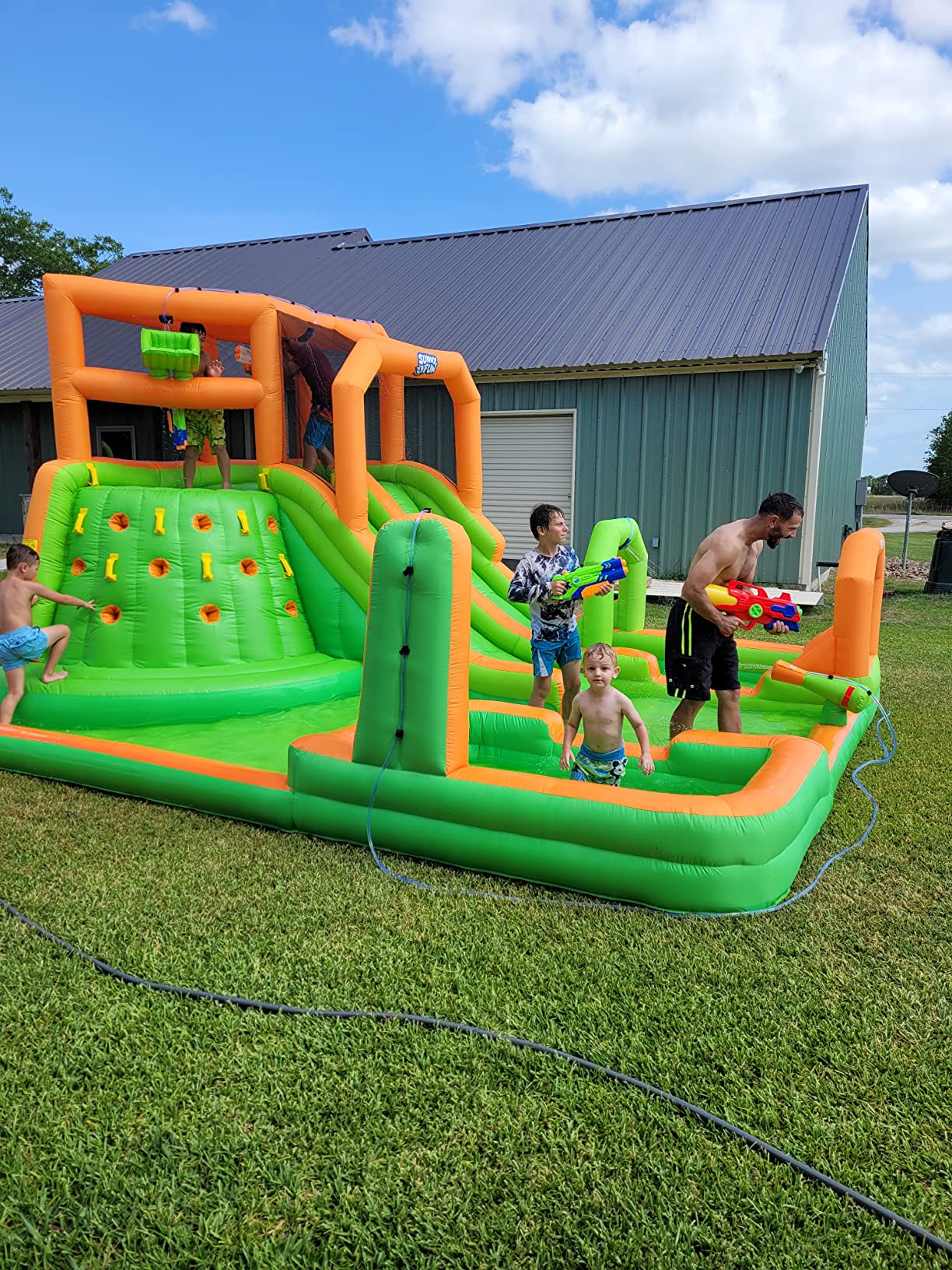【Sports&Outdoors】【BS】Inflatable Water Slide Park - Climbing Wall, 2 Slides, Splash & Deep Pool