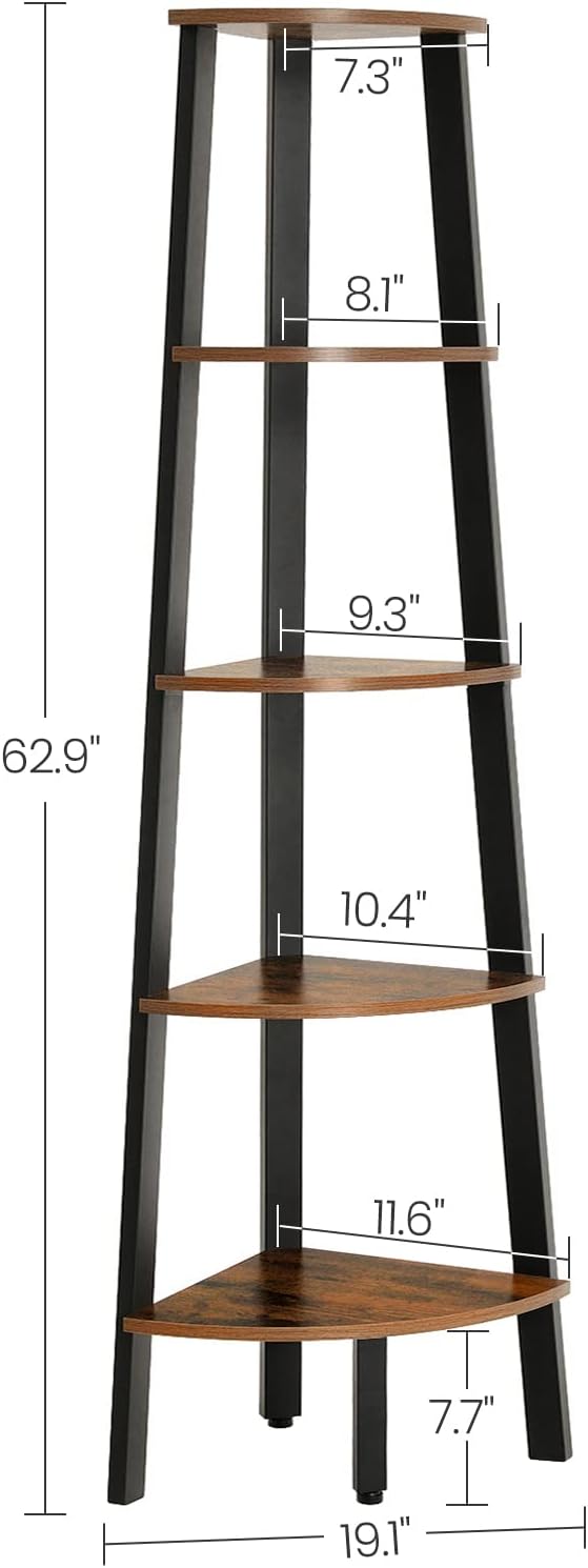 VASAGLE Industrial Bookcase, 5-Tier Corner Shelf, Plant Stand Wood Look Accent Furniture with Metal Frame for Home and Office ULLS35X, Rustic Brown