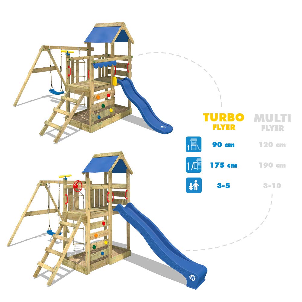 【Sports&Outdoors】Wooden climbing frame TurboFlyer with swing set and blue slide, Garden playhouse
