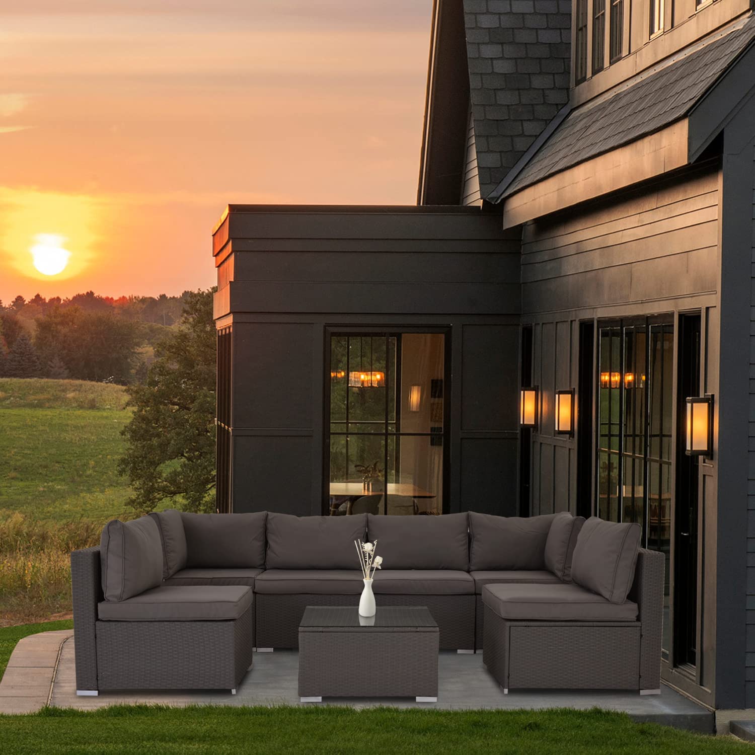 【Furniture】Outdoor Patio Furniture Set, 7 Pcs Patio Conversation Set Sectional Rattan Sofa Set