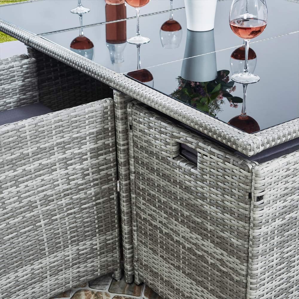 RayGar Deluxe 11 Piece 10 Seater Rattan Cube Dining Table Garden Furniture Patio Set (Grey/Black)
