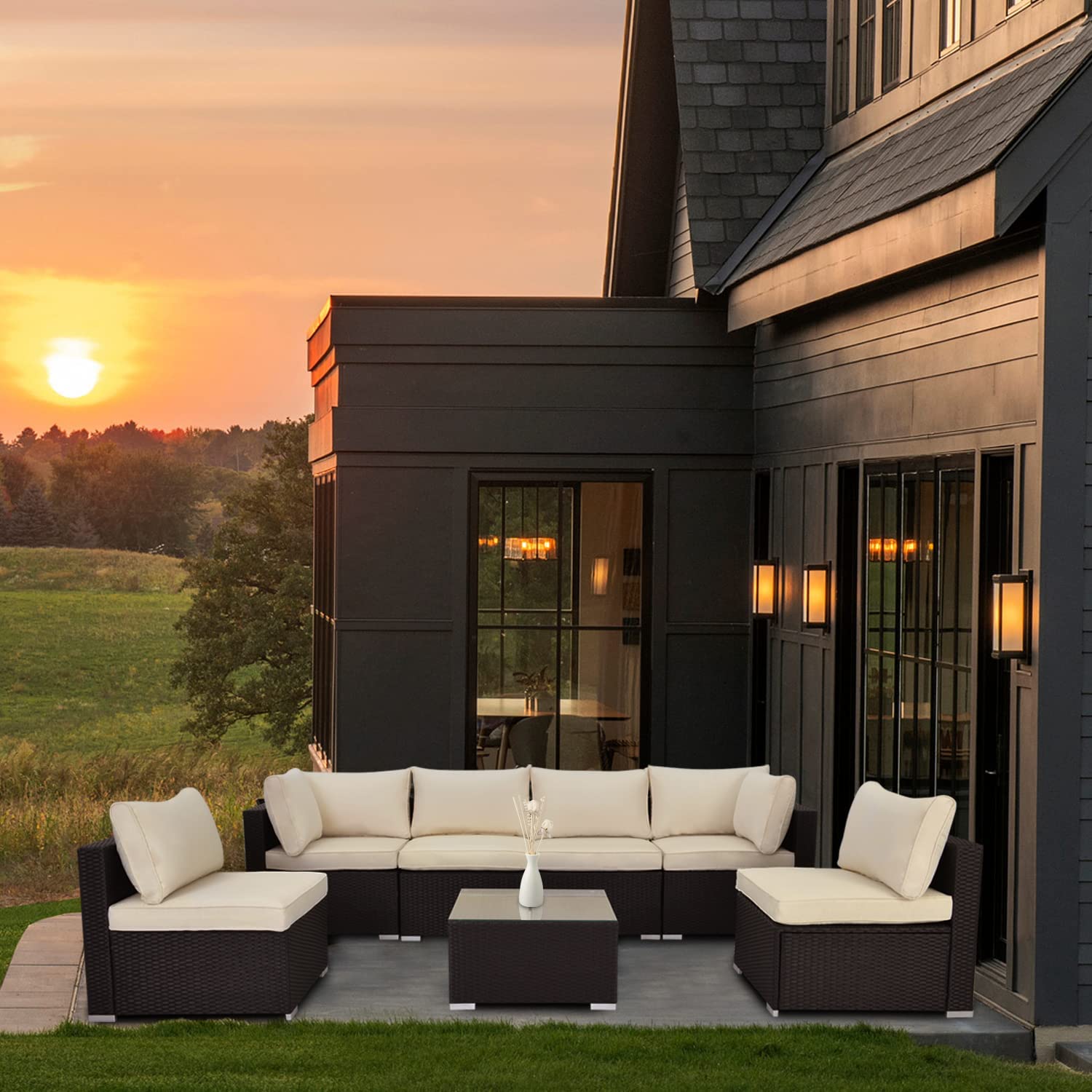 【Furniture】Outdoor Patio Furniture Set, 7 Pcs Patio Conversation Set Sectional Rattan Sofa Set
