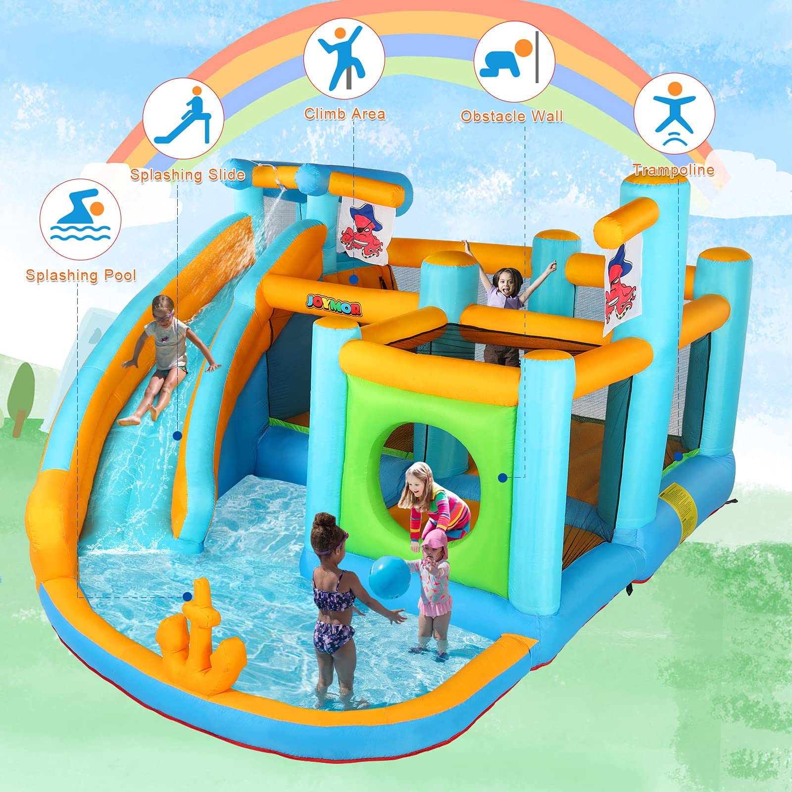 【Sports&Outdoors】Inflatable Water Slide Park, Pirate Themed Bounce House, Obstacle Course, Water Cannon