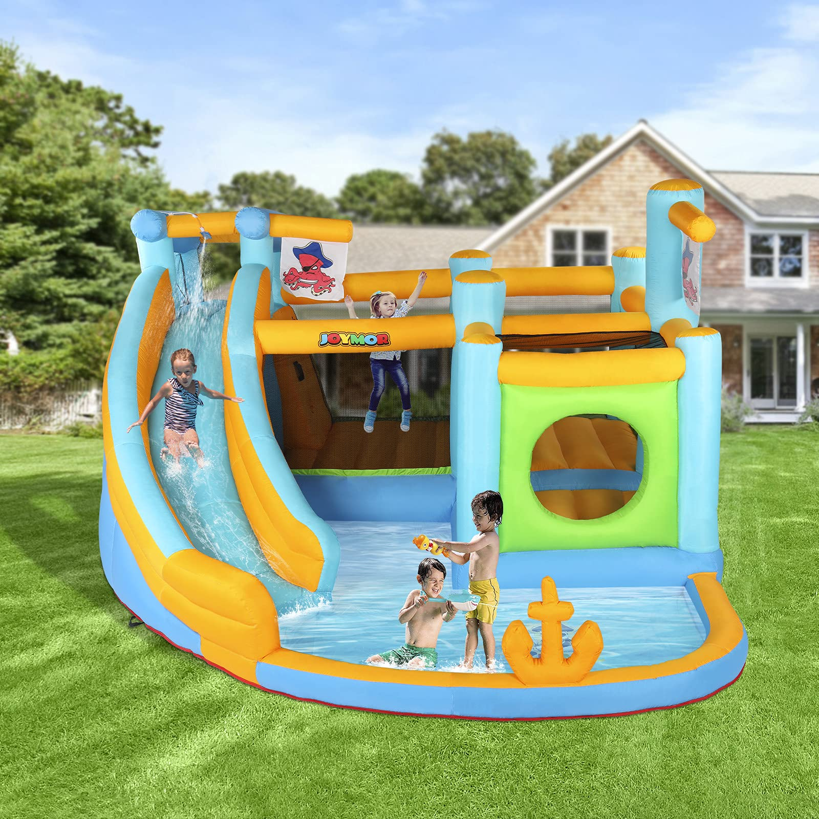 【Sports&Outdoors】Inflatable Water Slide Park, Pirate Themed Bounce House, Obstacle Course, Water Cannon