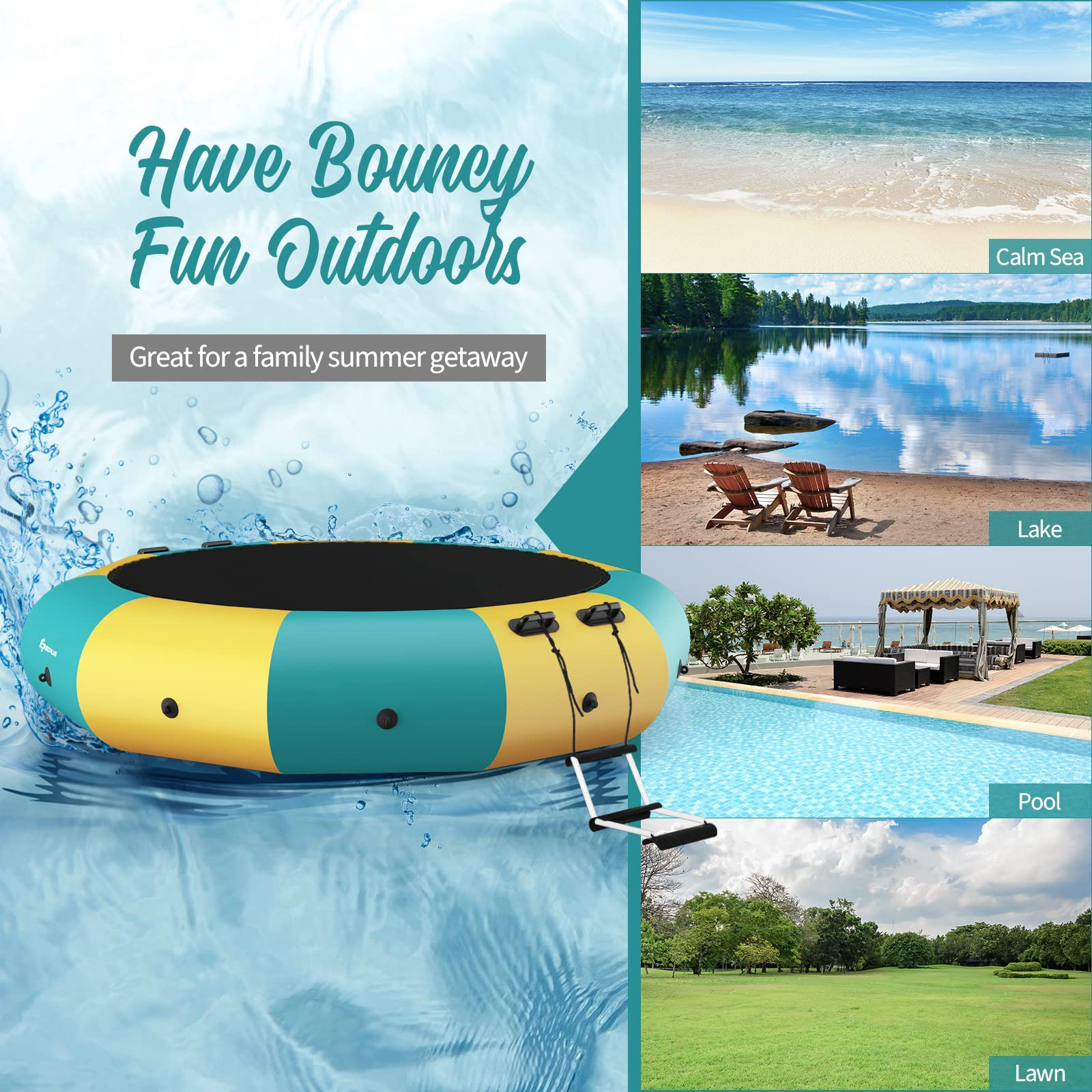 【Sports&Outdoors】Inflatable Water Trampoline, 10FT/12FT/15FT Recreational Water Bouncer