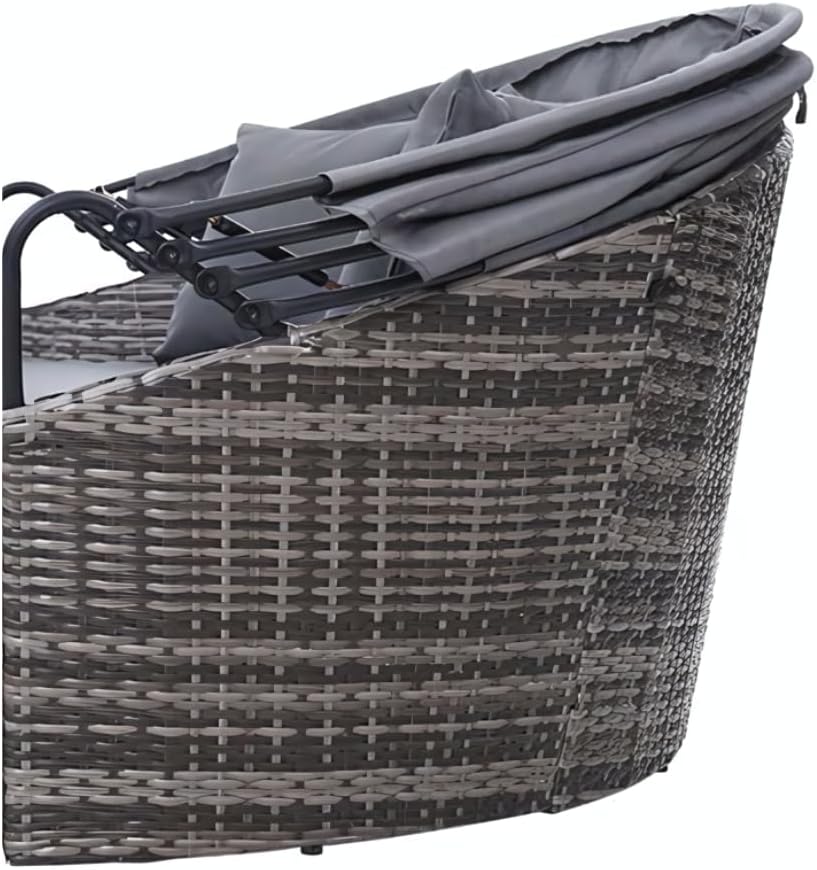 EVRE Bali Mixed Grey 3 Piece Modular Round Rattan Wicker Patio Garden Furniture Daybed Sun Lounger Set with Extendable Canopy and Conversation Seat Cushions