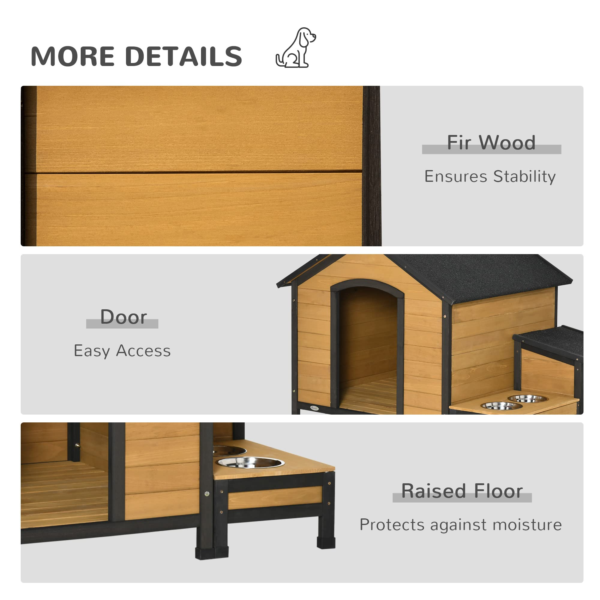 【Home&Garden】Wooden Outdoor Dog House, Cabin-Style Pet House with Feeding Bowls, Asphalt Roof