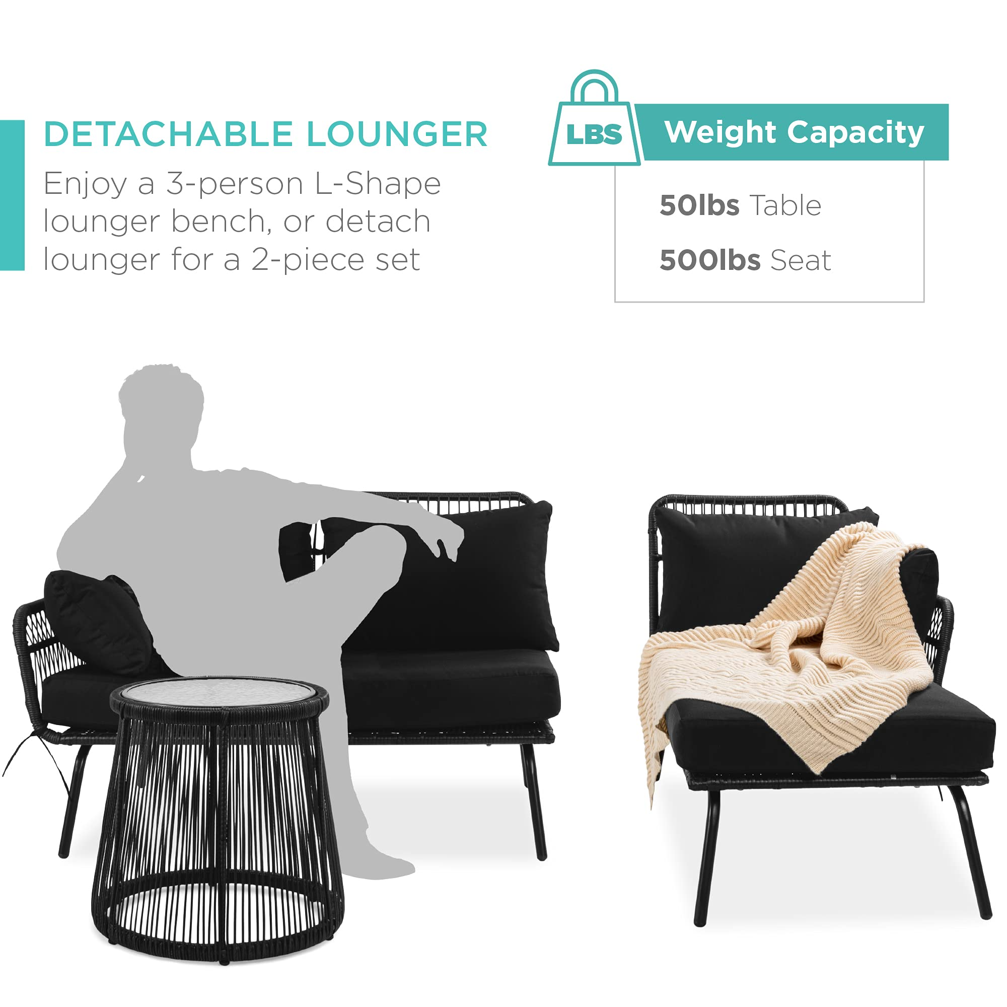 【Furniture】Outdoor Rope Woven Sectional Furniture L-Shaped Sofa Set w/Thick Cushions, Lounger, Side Table