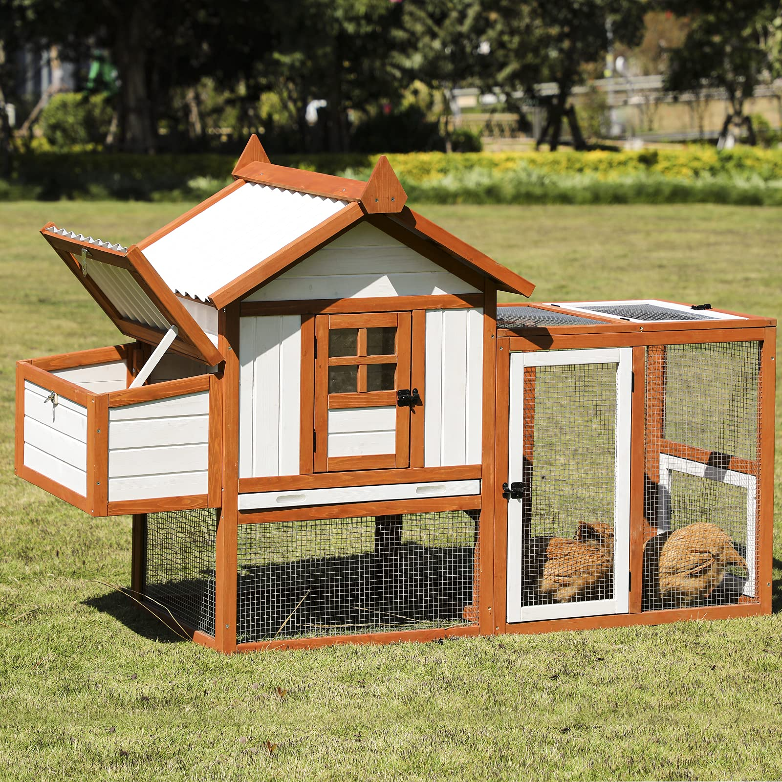 【Home&Garden】Outdoor Wooden Multi-Level Chicken Coop, Poultry Cage wRamps, Run, Nesting Box, Wire Fence
