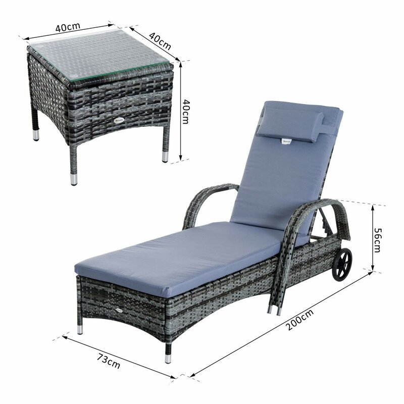 【Furniture】3 PCS Patio Wicker Chaise Lounge Chair Set, Outdoor Reclining Chair with Table & Cushion