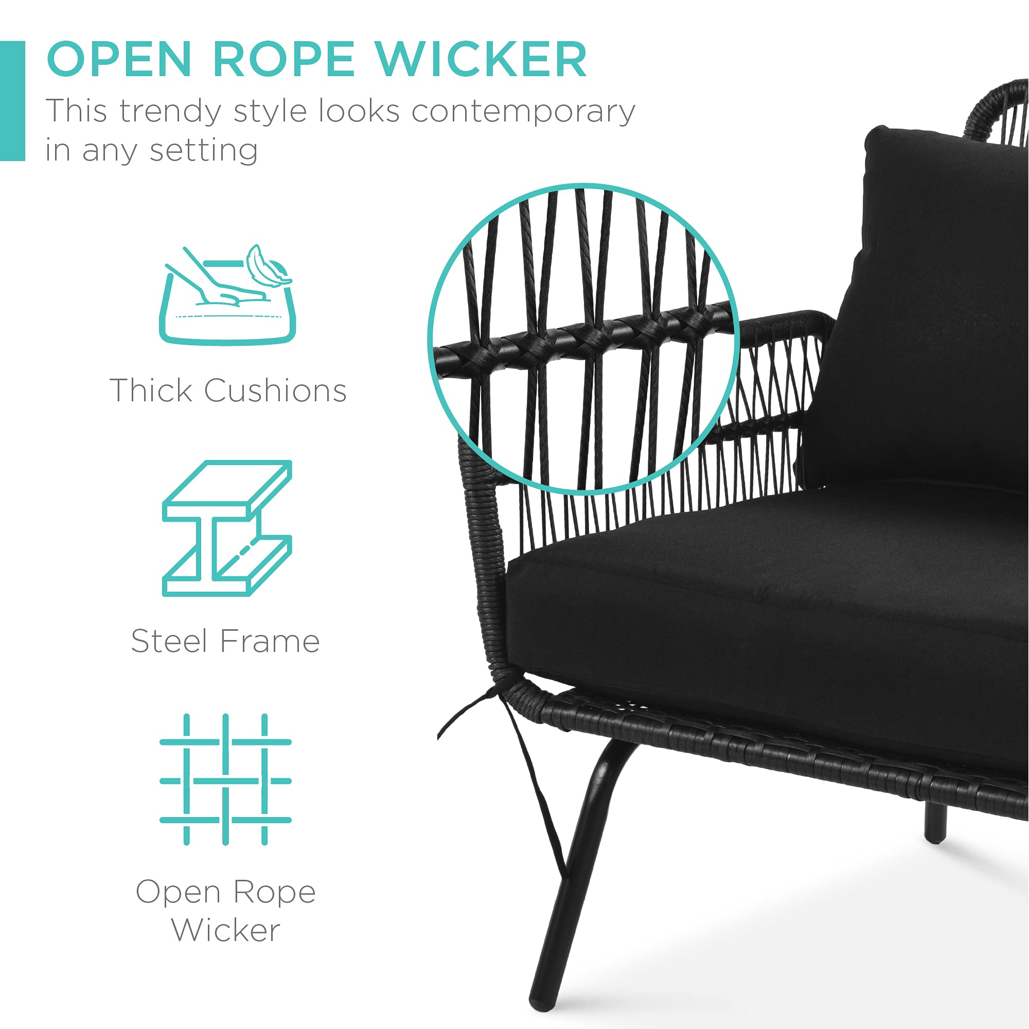 【Furniture】Outdoor Rope Woven Sectional Furniture L-Shaped Sofa Set w/Thick Cushions, Lounger, Side Table