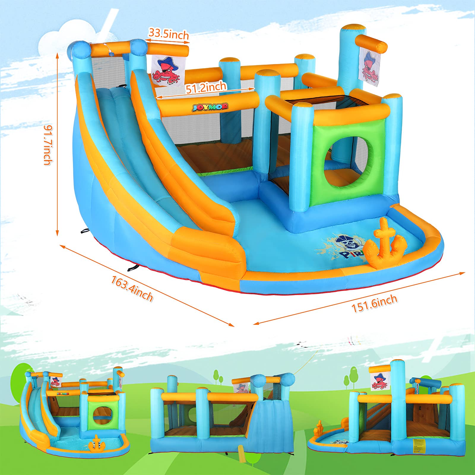 【Sports&Outdoors】Inflatable Water Slide Park, Pirate Themed Bounce House, Obstacle Course, Water Cannon