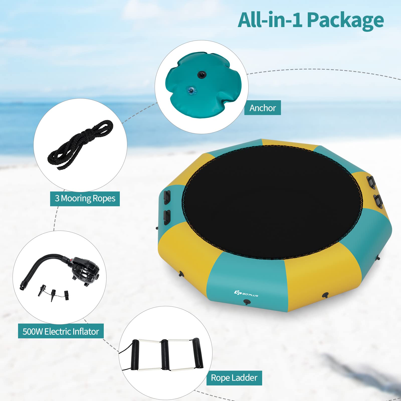 【Sports&Outdoors】Inflatable Water Trampoline, 10FT/12FT/15FT Recreational Water Bouncer