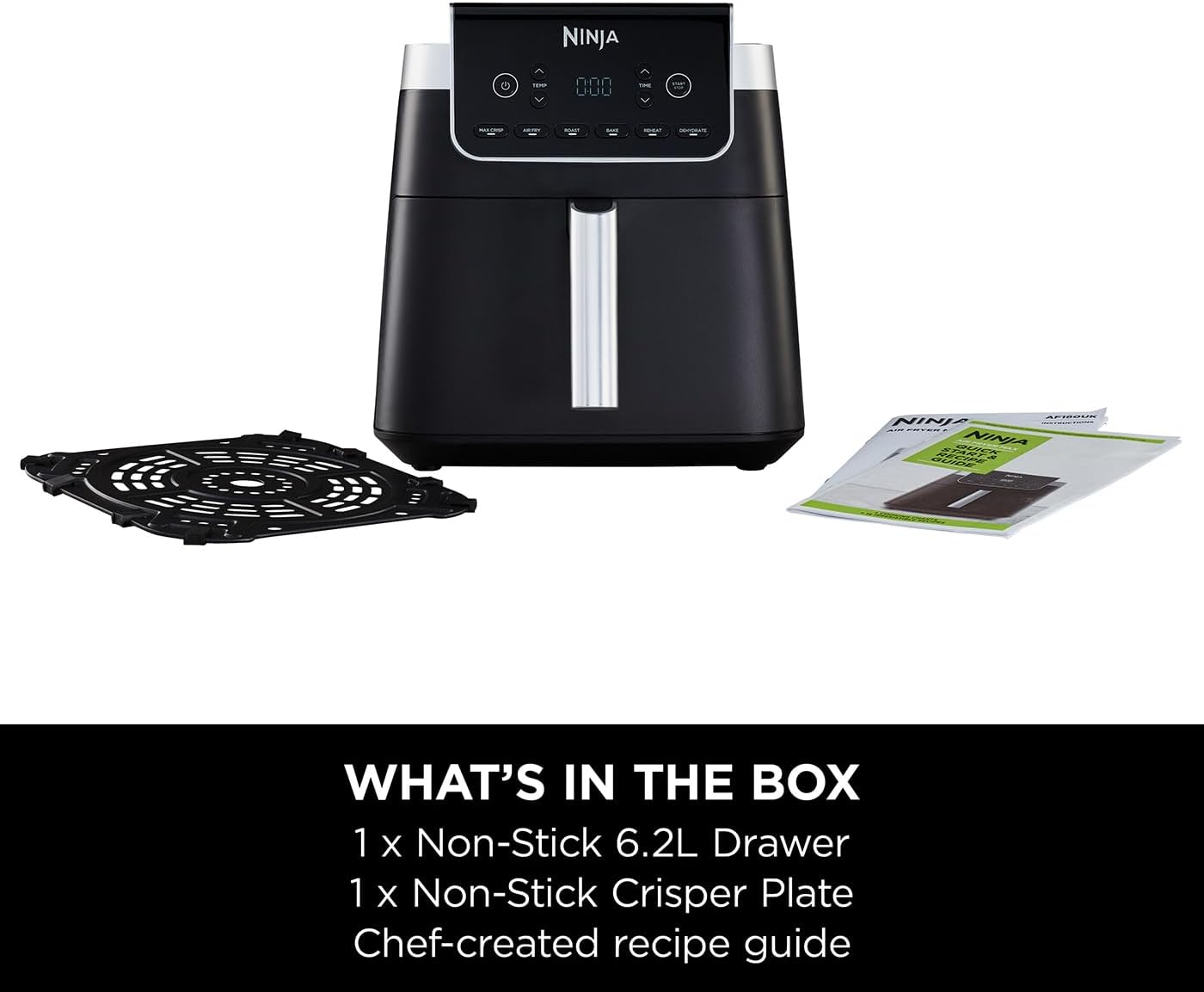 Ninja Air Fryer MAX PRO, 6.2L, Uses No Oil, Large Square Single Drawer, Roast, Bake, Air Fry, Family Size, Digital, Cook From Frozen, Non-Stick, Dishwasher Safe Basket & Crisper Plate, Grey, AF180UK