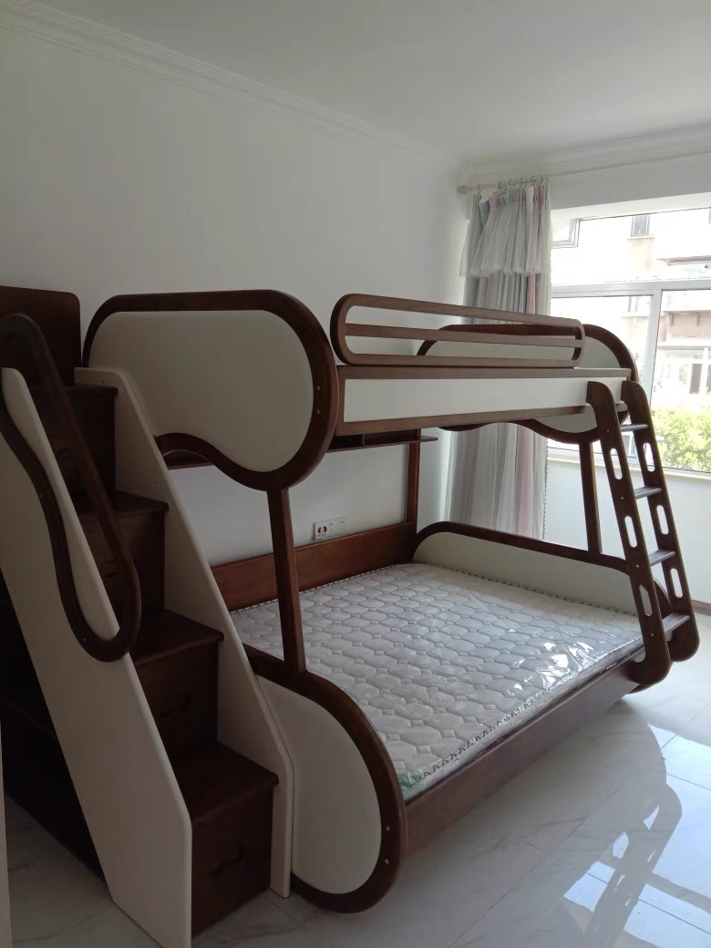 YouSheng all solid wood high and low bed under the mother bed white waxed wood upholstered beds