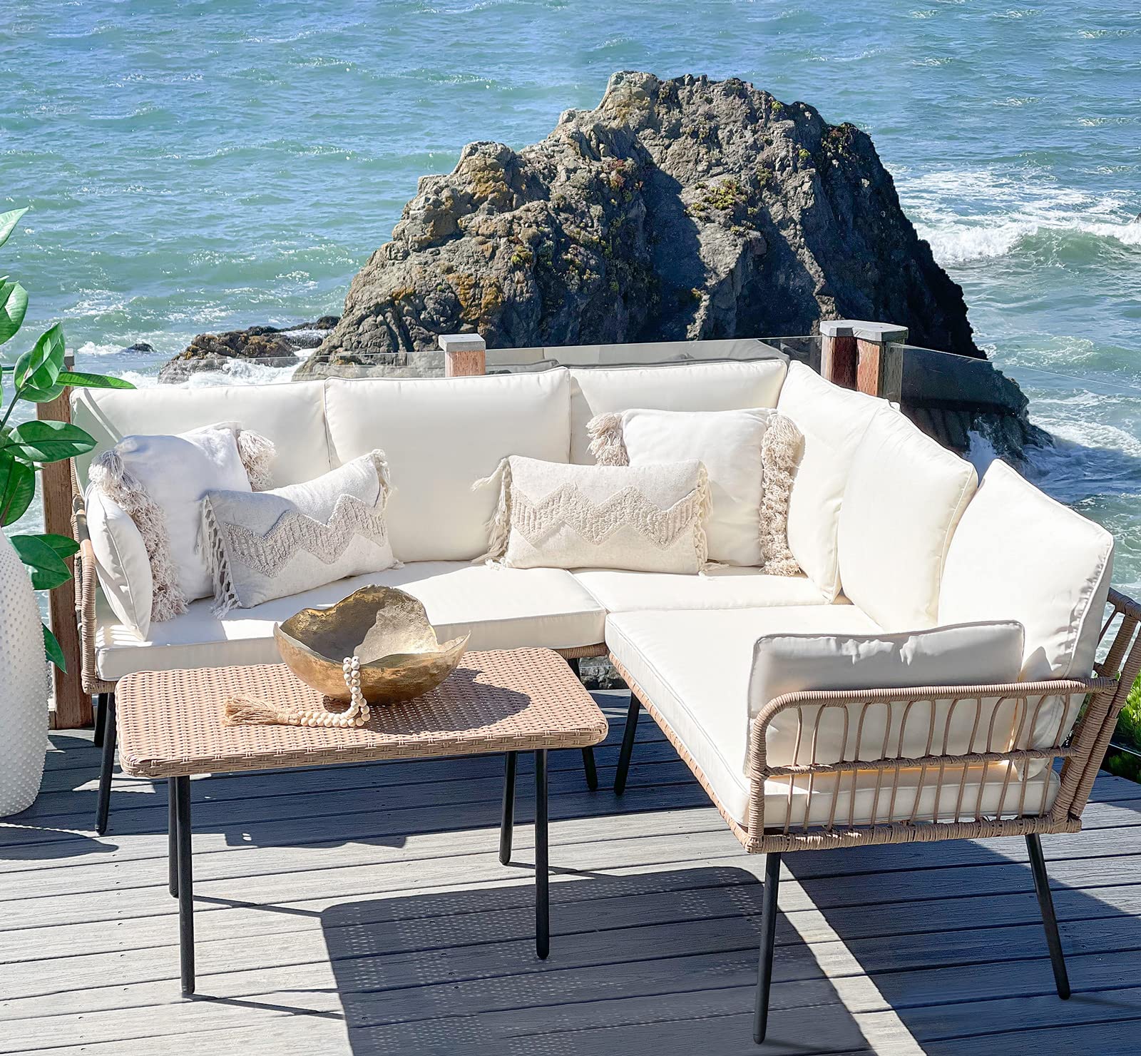 【Furniture】4 Pieces Patio Furniture Set, Wicker Balcony Bistro Set, Outdoor All-Weather Rattan Conversation Set