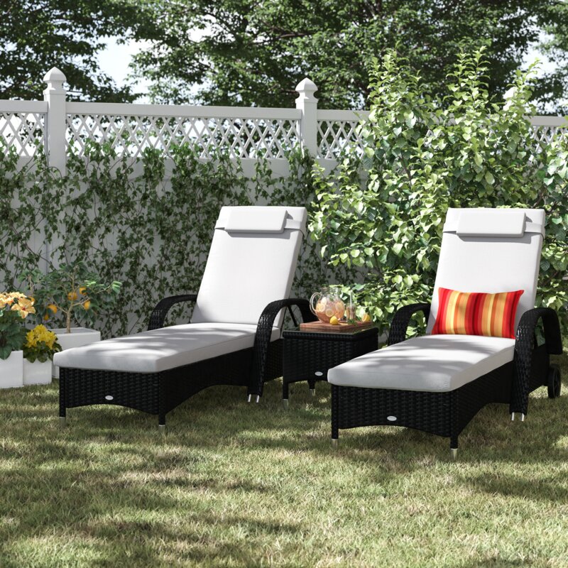 【Furniture】3 PCS Patio Wicker Chaise Lounge Chair Set, Outdoor Reclining Chair with Table & Cushion