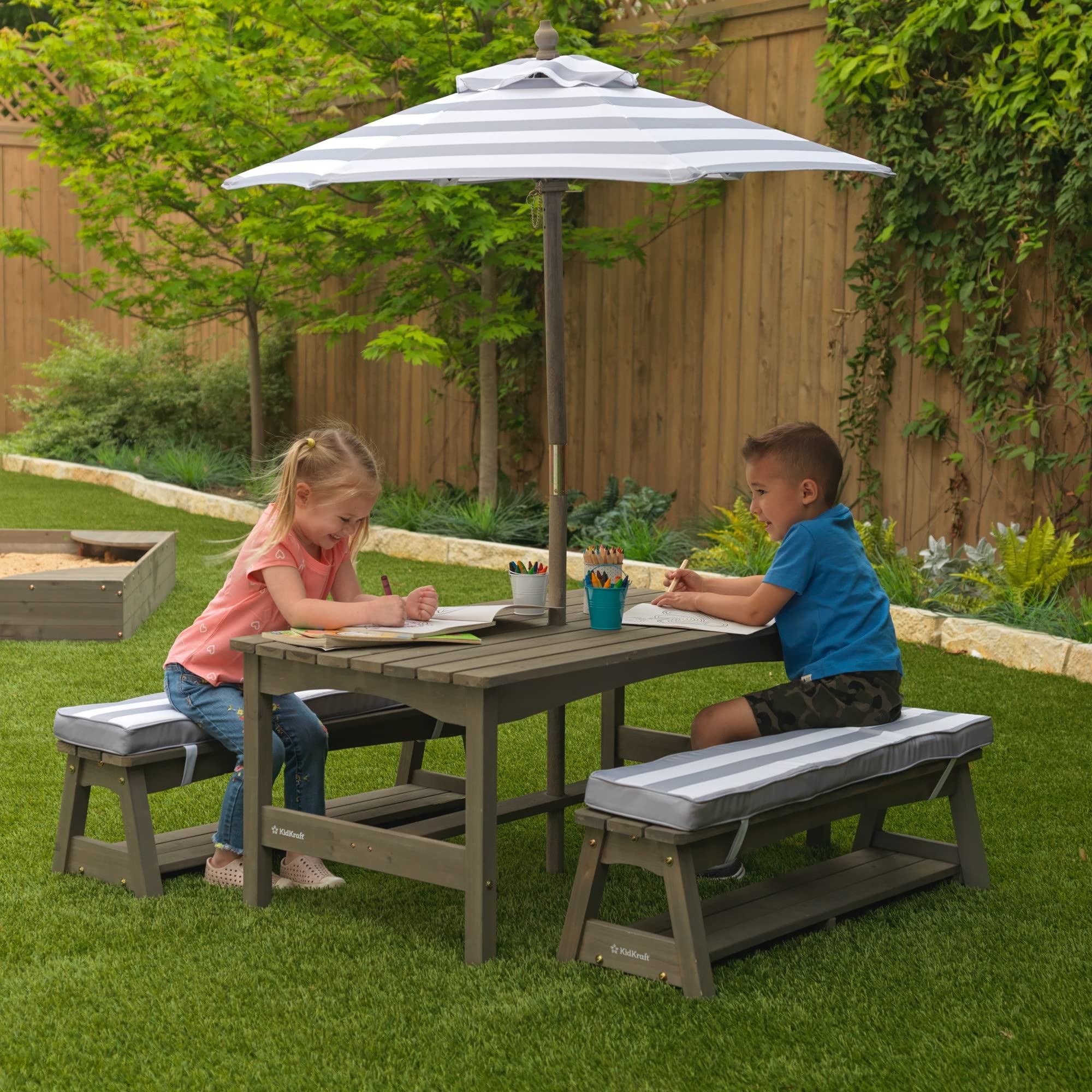 【Furniture】Outdoor Wooden Table & Bench Set with Cushions and Umbrella, Kids Backyard Furniture