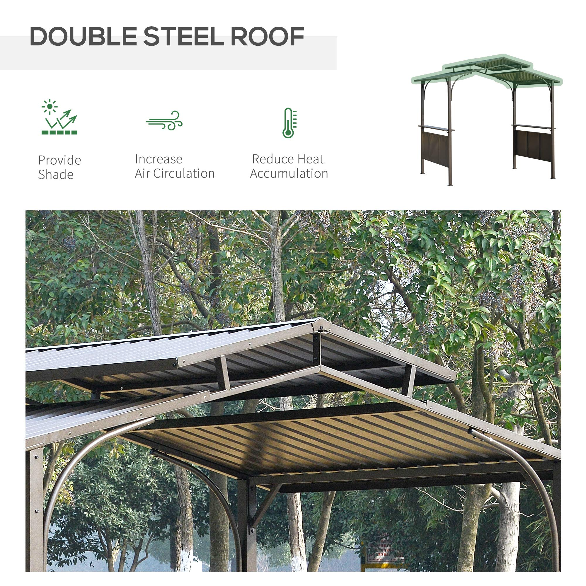 【Home&Garden】8'x5' BBQ Grill Gazebo with 2 Side Shelves, Outdoor Double Tiered Interlaced Polycarbonate Roof