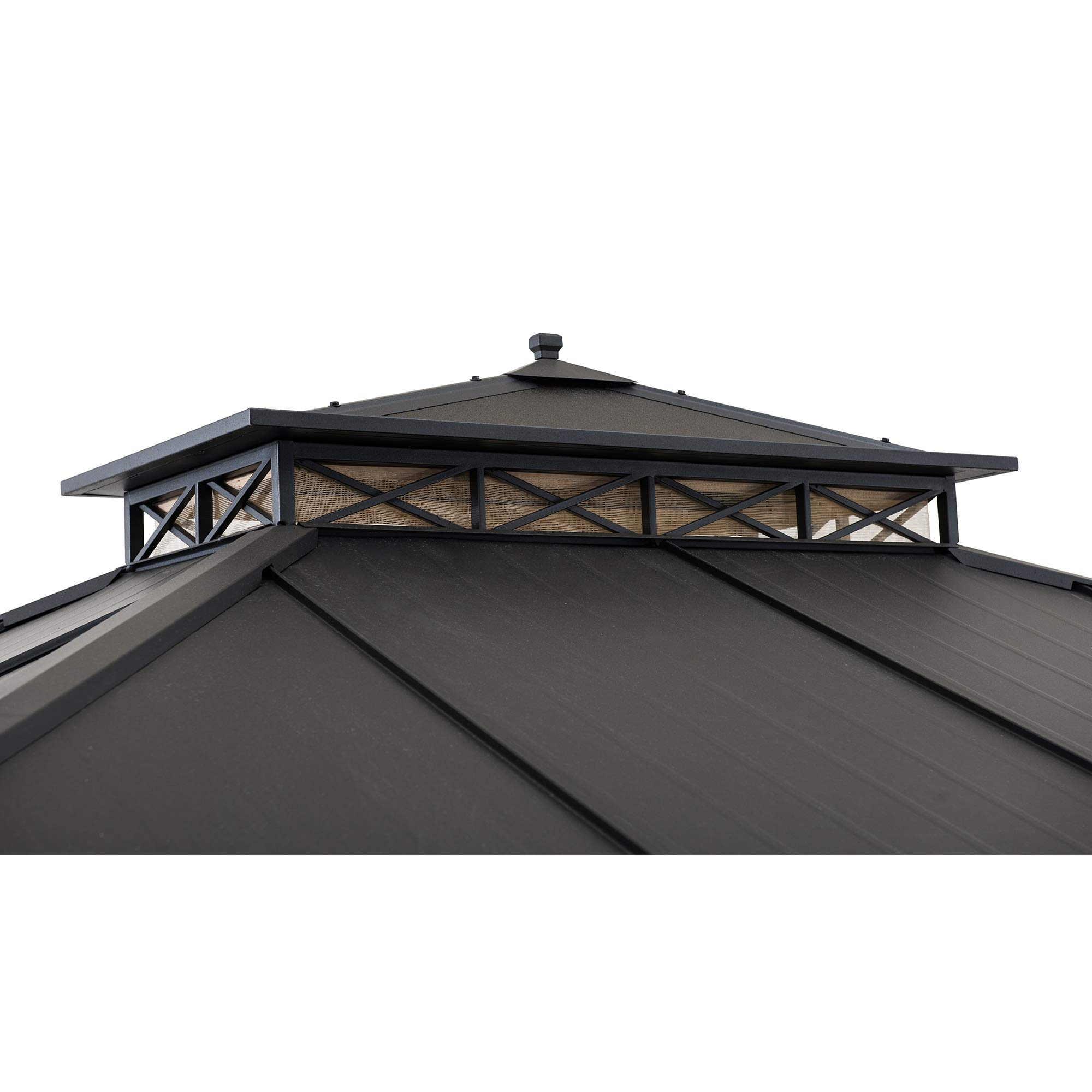 【Gazebo】10.5x12.5 ft. Outdoor Patio Black Steel Frame Hardtop Gazebo with 2-Tier Steel Roof & Mesh Netting
