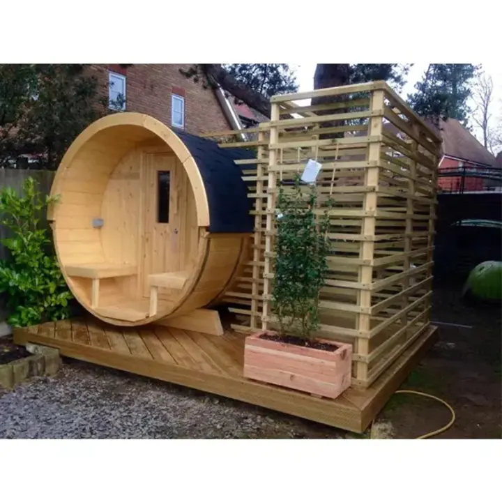 【Home&Garden】8 Person Barrel Sauna with Separate Dressing Room & Electric Heater