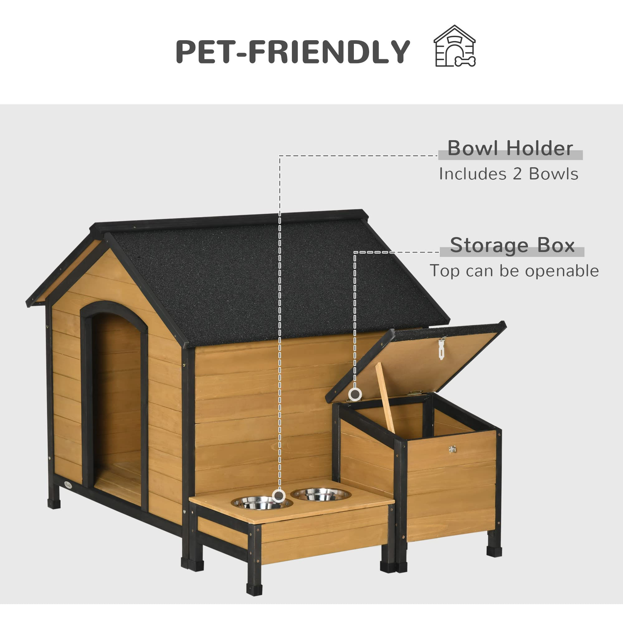 【Home&Garden】Wooden Outdoor Dog House, Cabin-Style Pet House with Feeding Bowls, Asphalt Roof